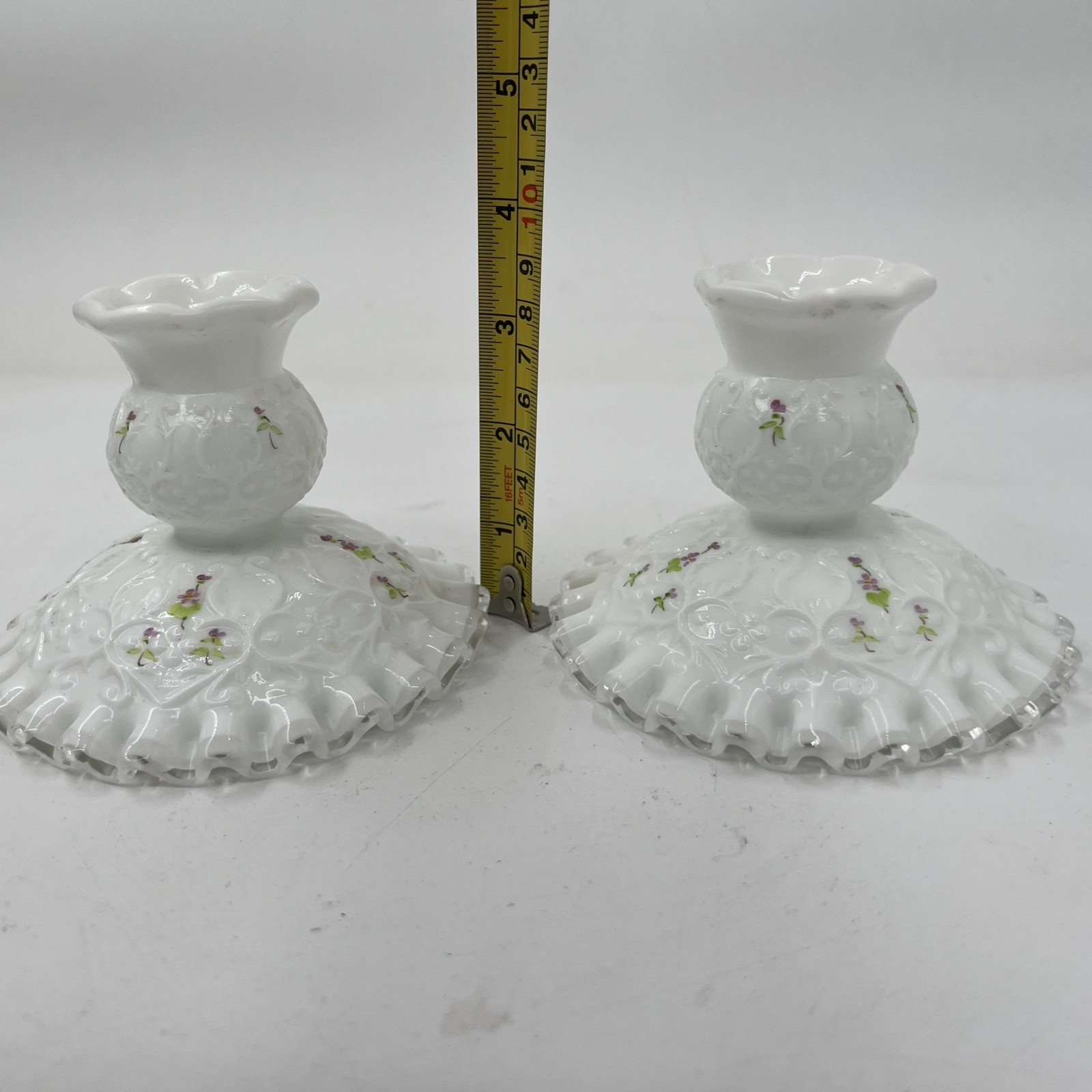 Vtg Fenton Violets in the Snow Silver Crest Candlesticks Pair HandPainted Signed