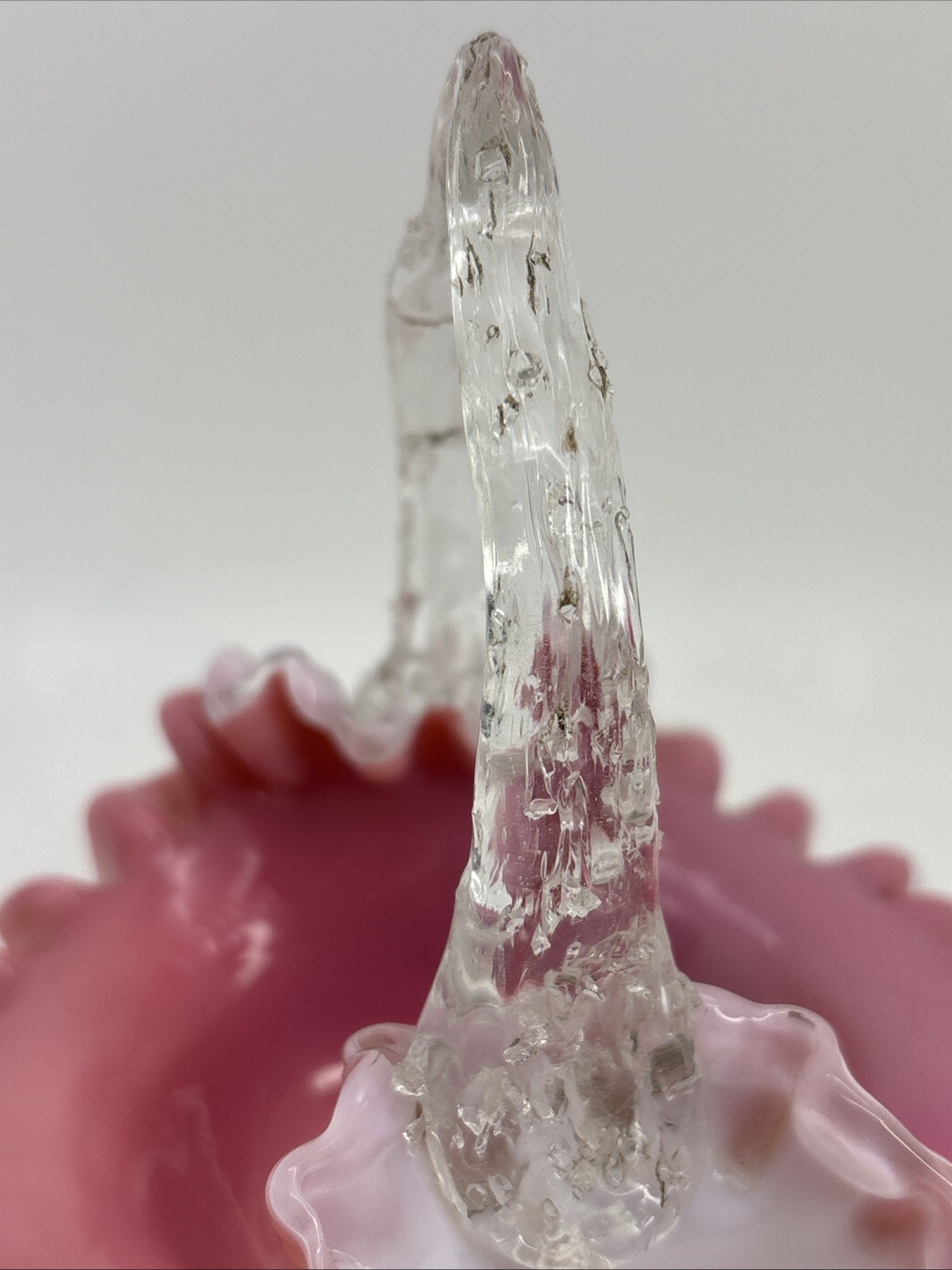 Vintage Pink & White Glass Basket With Ruffled Edge & Clear Thorn Handle