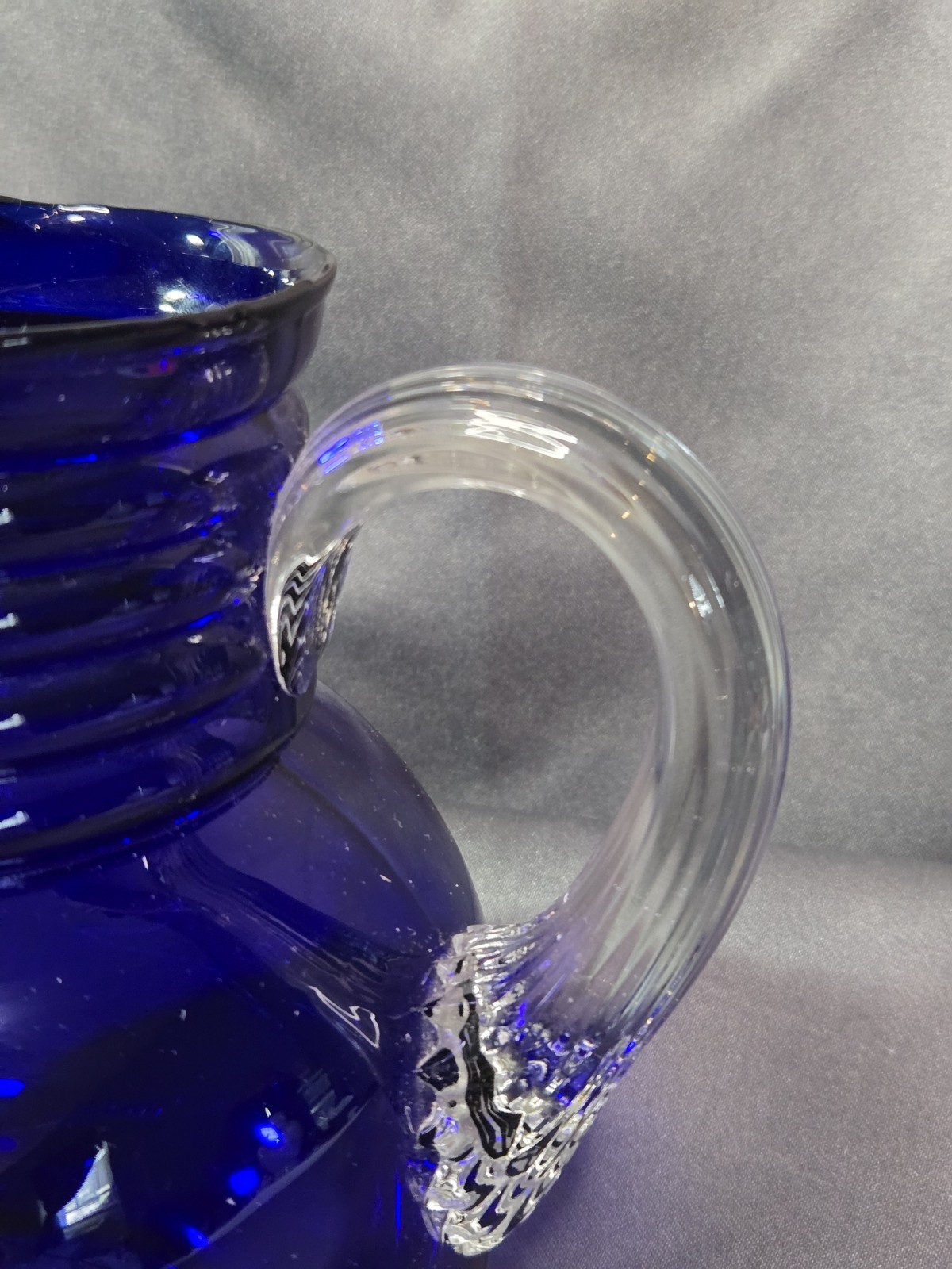 Vintage COBALT BLUE Glass PITCHER Ribbed Applied Handle 7.5″ Imperial Glass Co