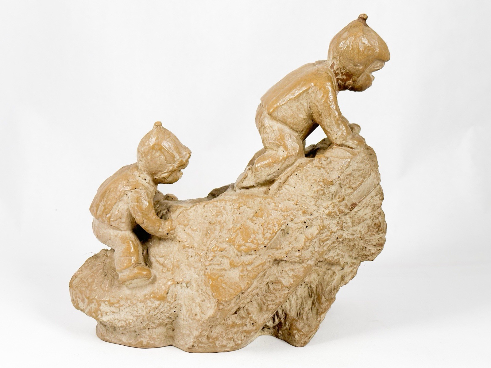 Vintage Inuit Boys Playing Sculpture M Strubel Boys Climbing Rock Alaskan Native