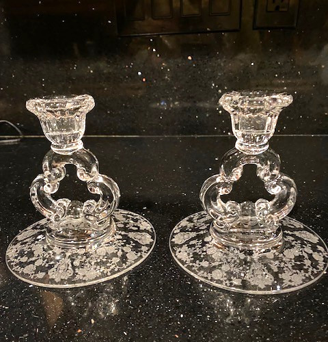 Vintage Pair Candleholders Etched Cambridge Rose Point Keyhole Single Light