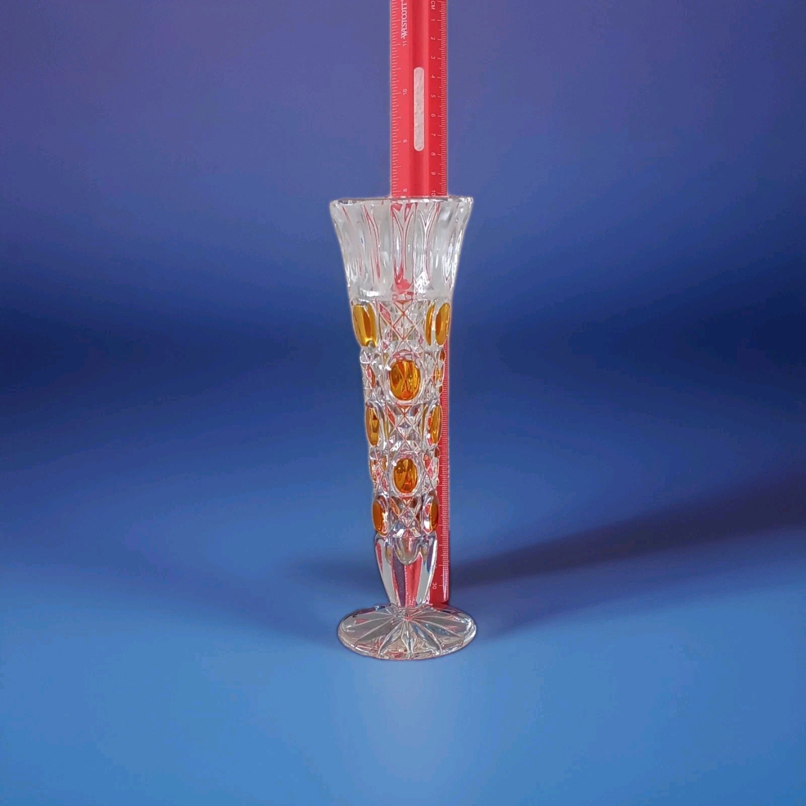 Anna Hutte Vintage Lead Crystal Bud Vase with Amber Colored Pattern 8″ Clear