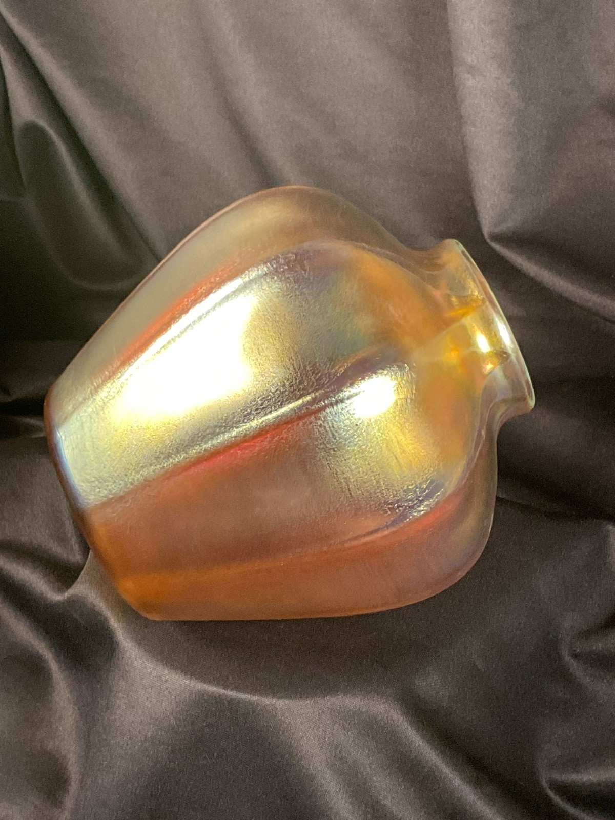 Signed Louis C. Tiffany Favrile large Gold Bulbous Vase with Highlights of Blue