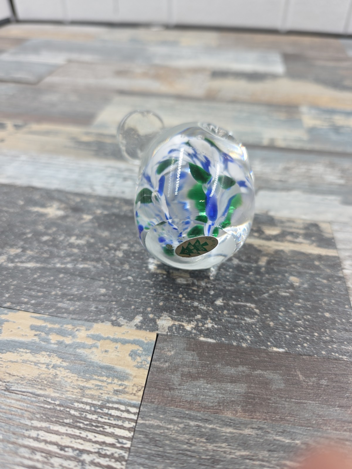 Hand Made Crystal Elephant With Blue Green And White Inside Paper Weight Figurin