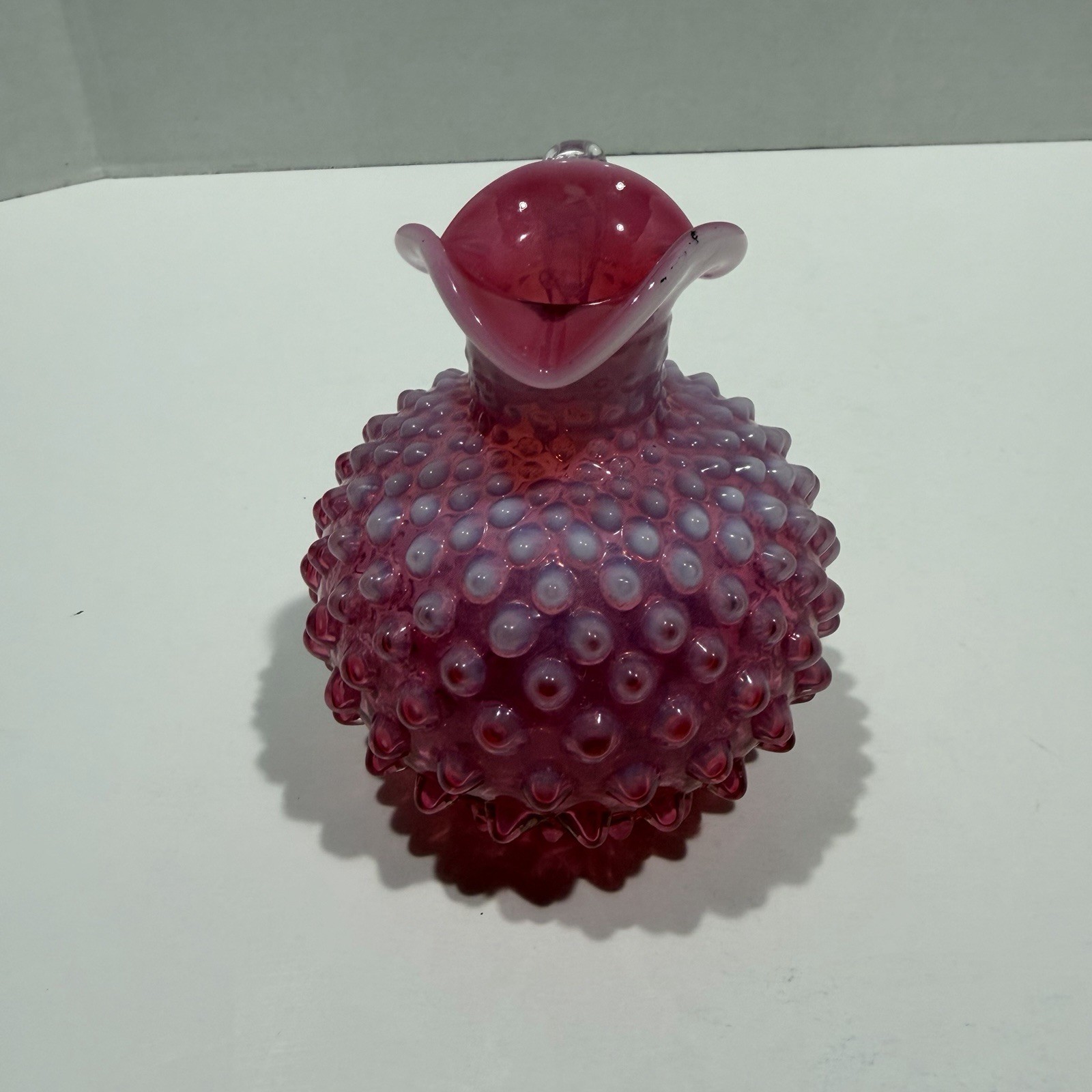 Cranberry Opalescent Glass Hobnail Cruet 4.75 Vintage Decorative Handle READ