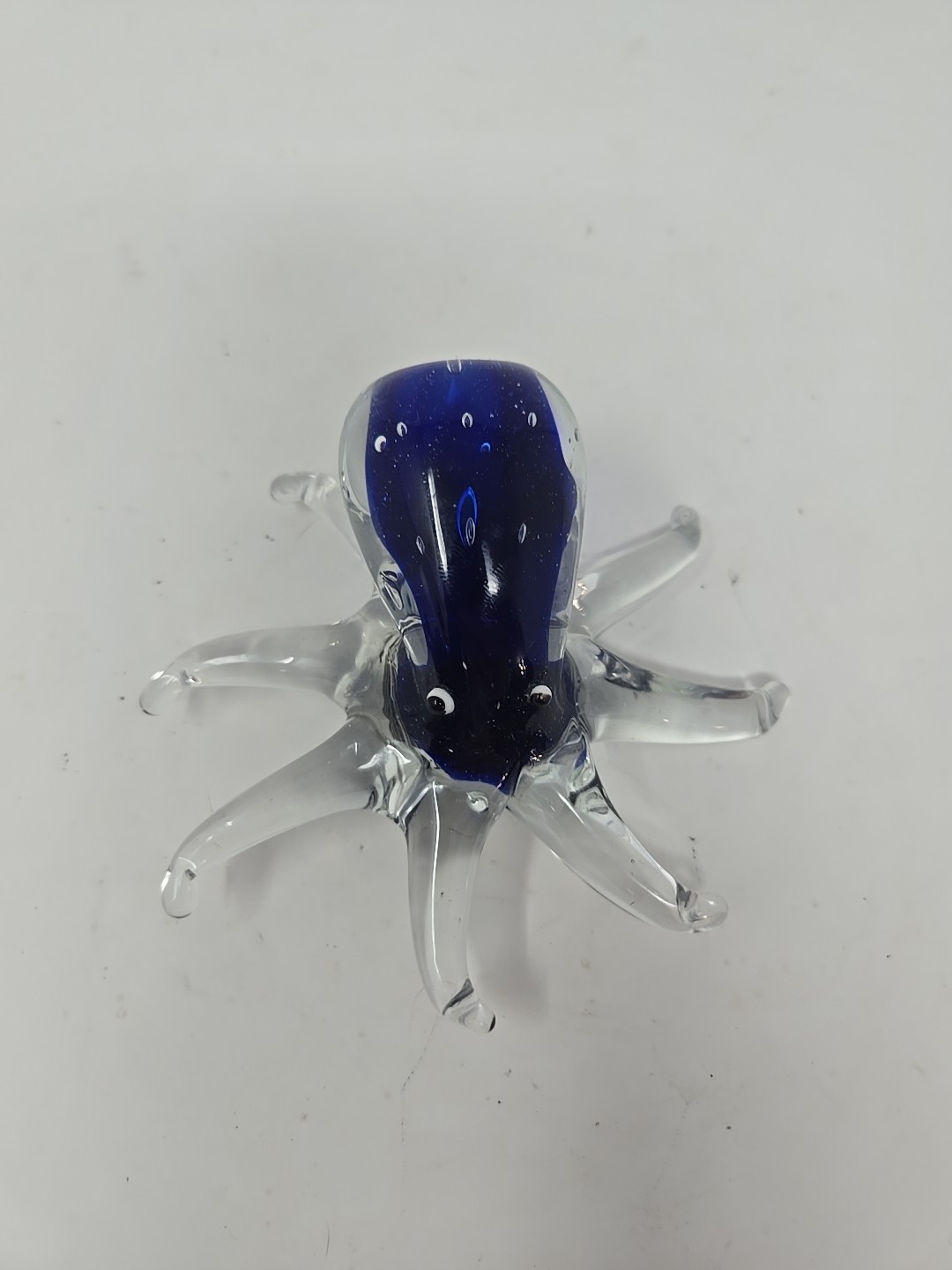 Hand Blown 8-Legged Blue Art Glass Octopus Sommerso Style With Bubbles 4″