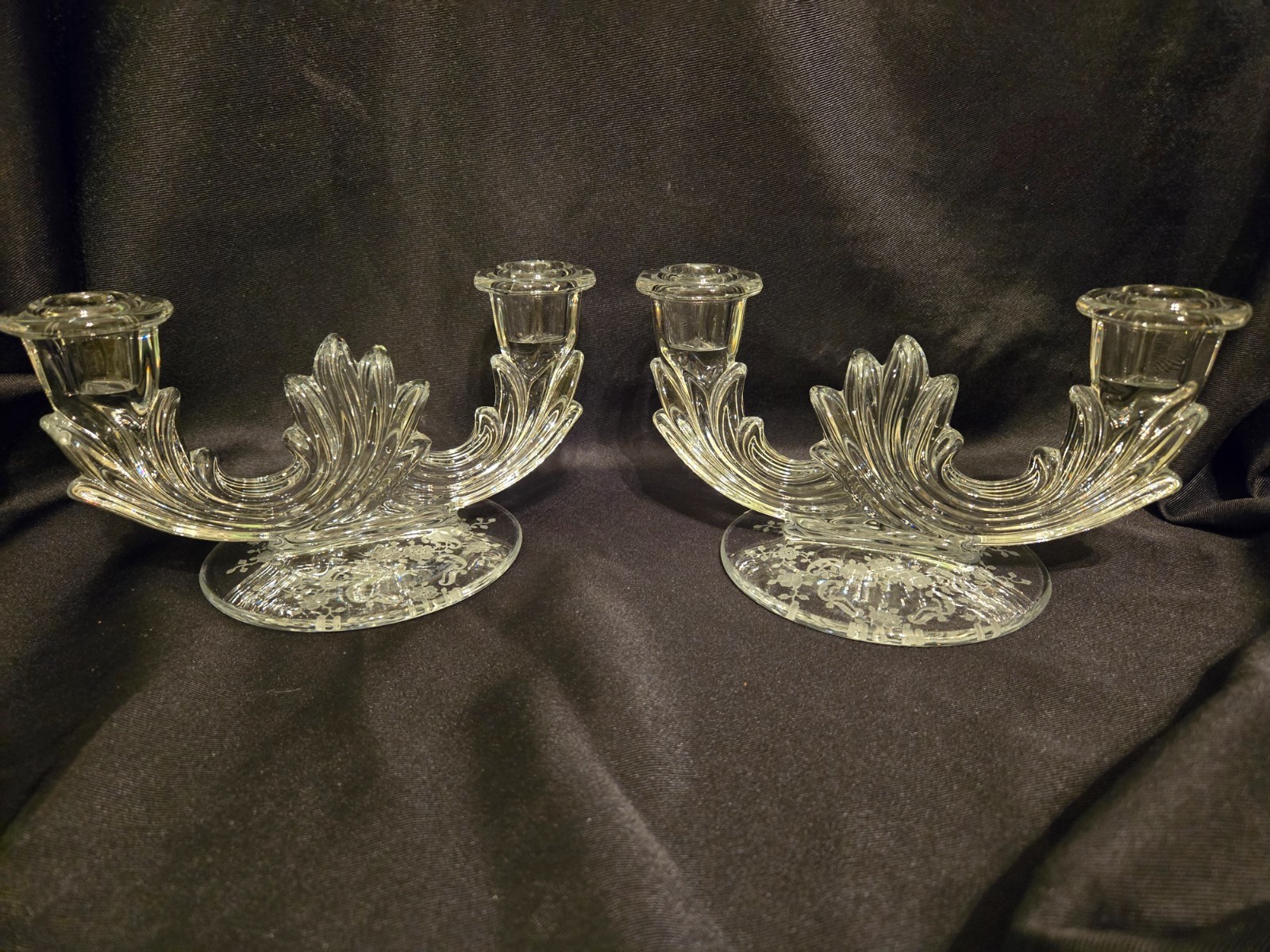 Pair of Fostoria MEADOW ROSE Baroque shape Double Candlestick Holders – Mint