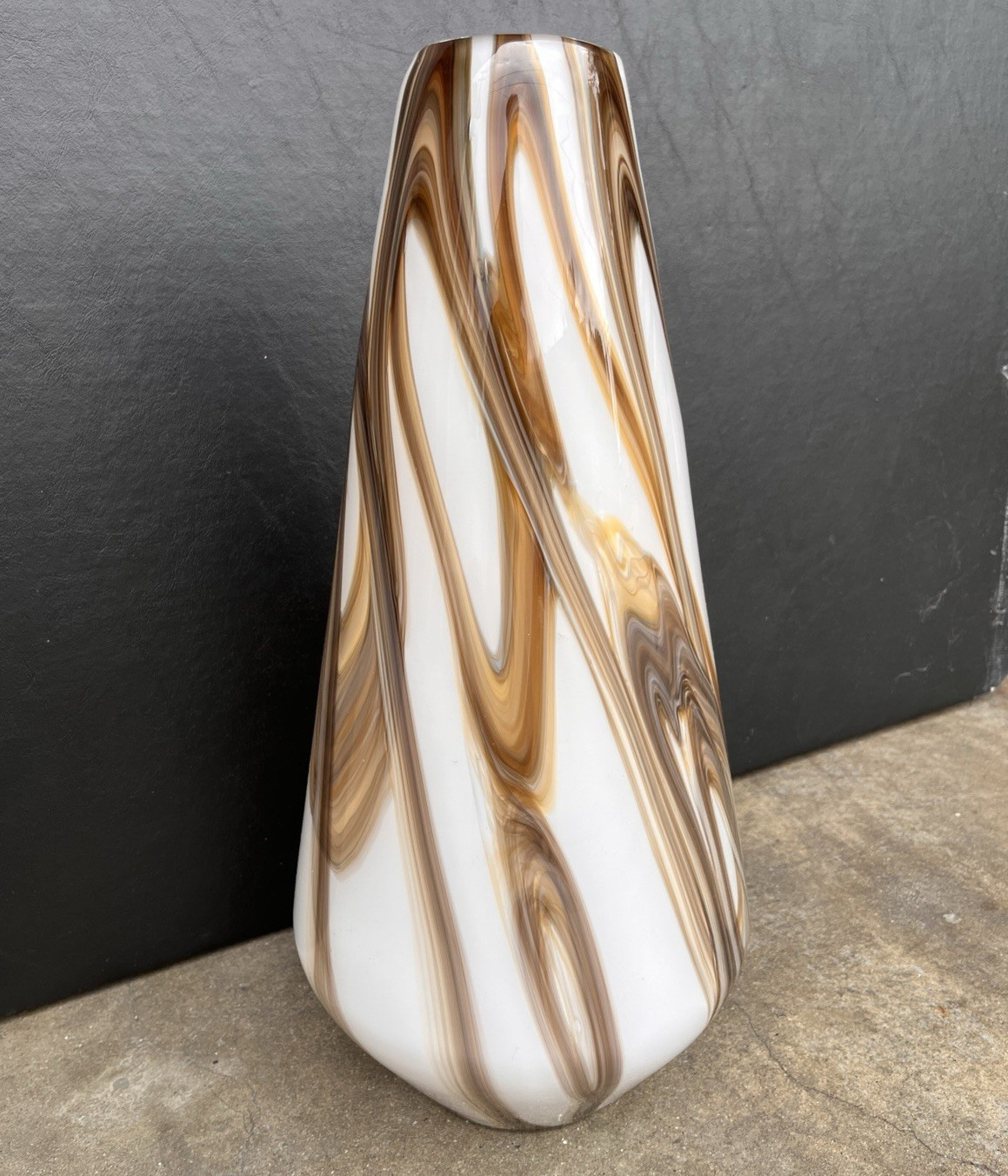MURANO style vase pulled feather brown & white swirl 17″ tall Moretti MCM RARE