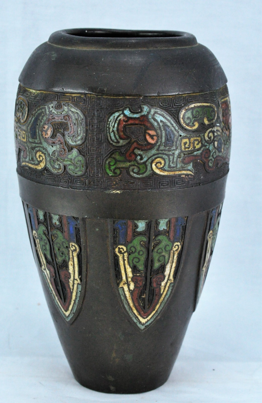 Chinese bronze vase with Shampleve enameled design. Marked. (BI#180210)