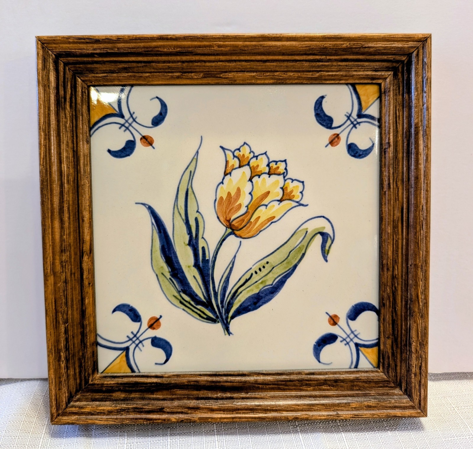 DE PORCELEYNE FLES :: 1989 WOOD FRAMED DELFT 5.5” TILE Floral Polychrome HOLLAND