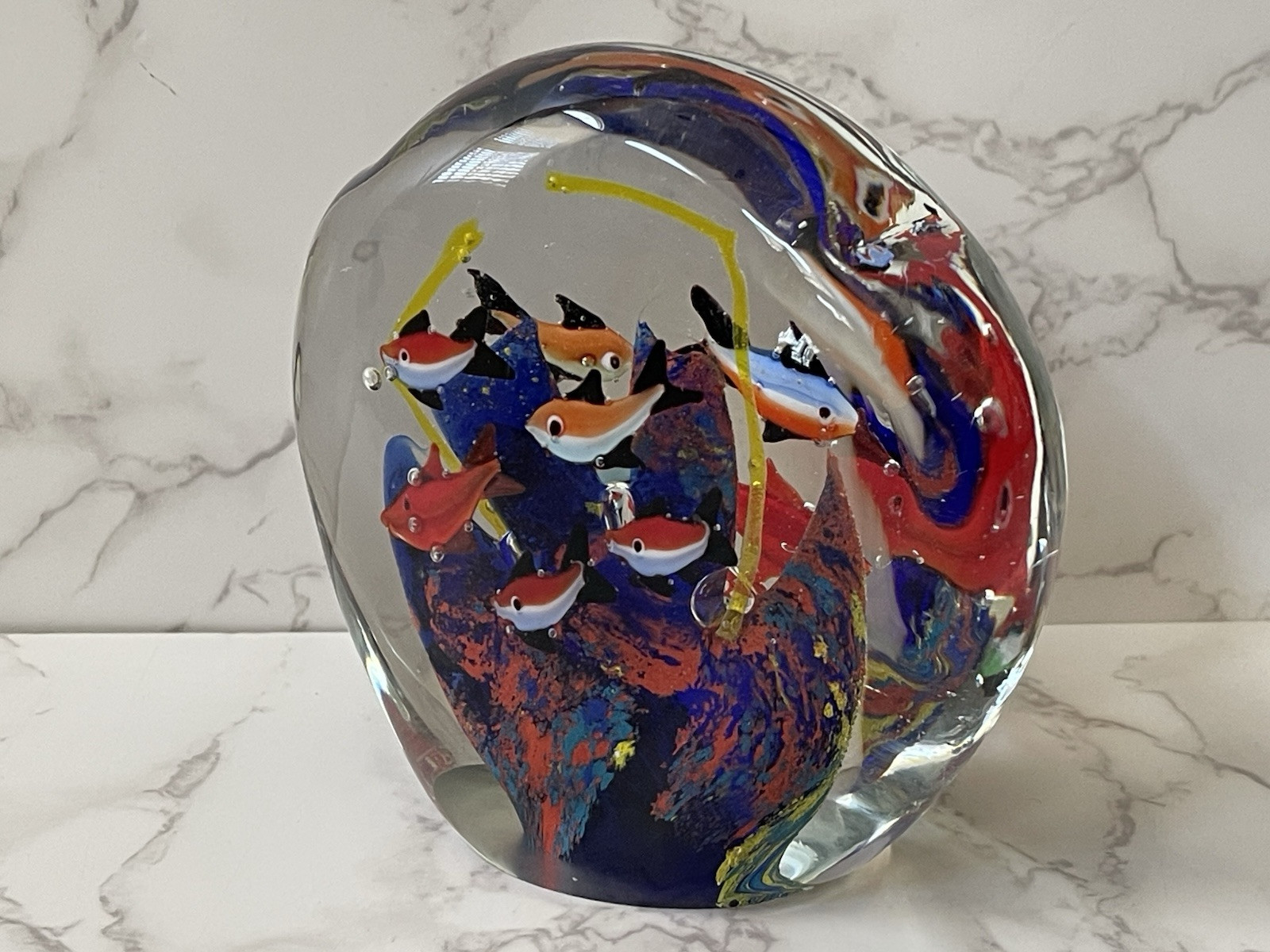 Large Art Glass Aquarium Paperweight Fish Coral Underwater Sea Life Multicolor
