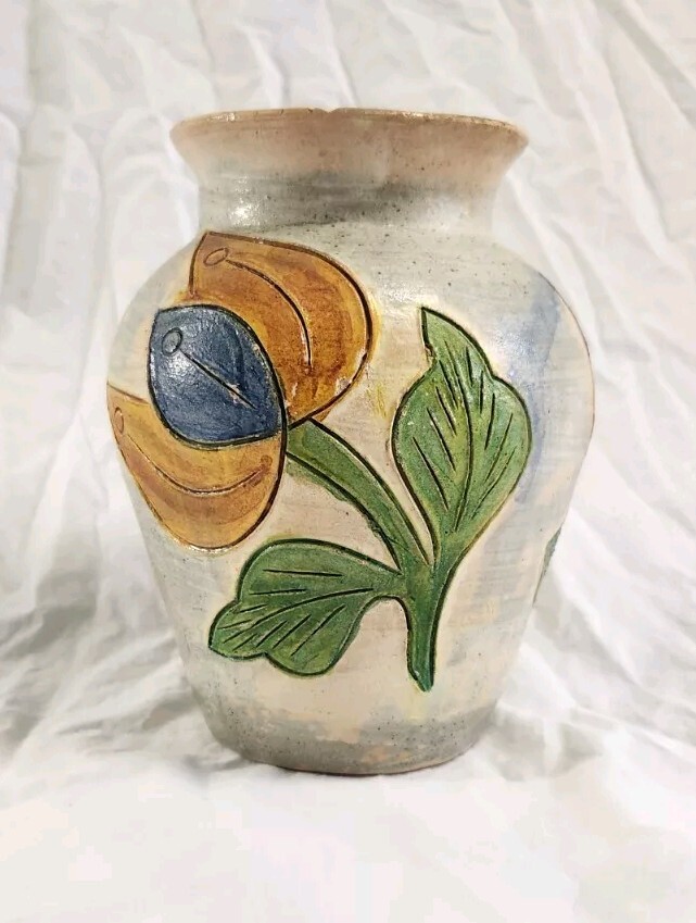 Vintage Dolores Porras Mexico Folk Art Terracotta Pottery Vase Flower Motif
