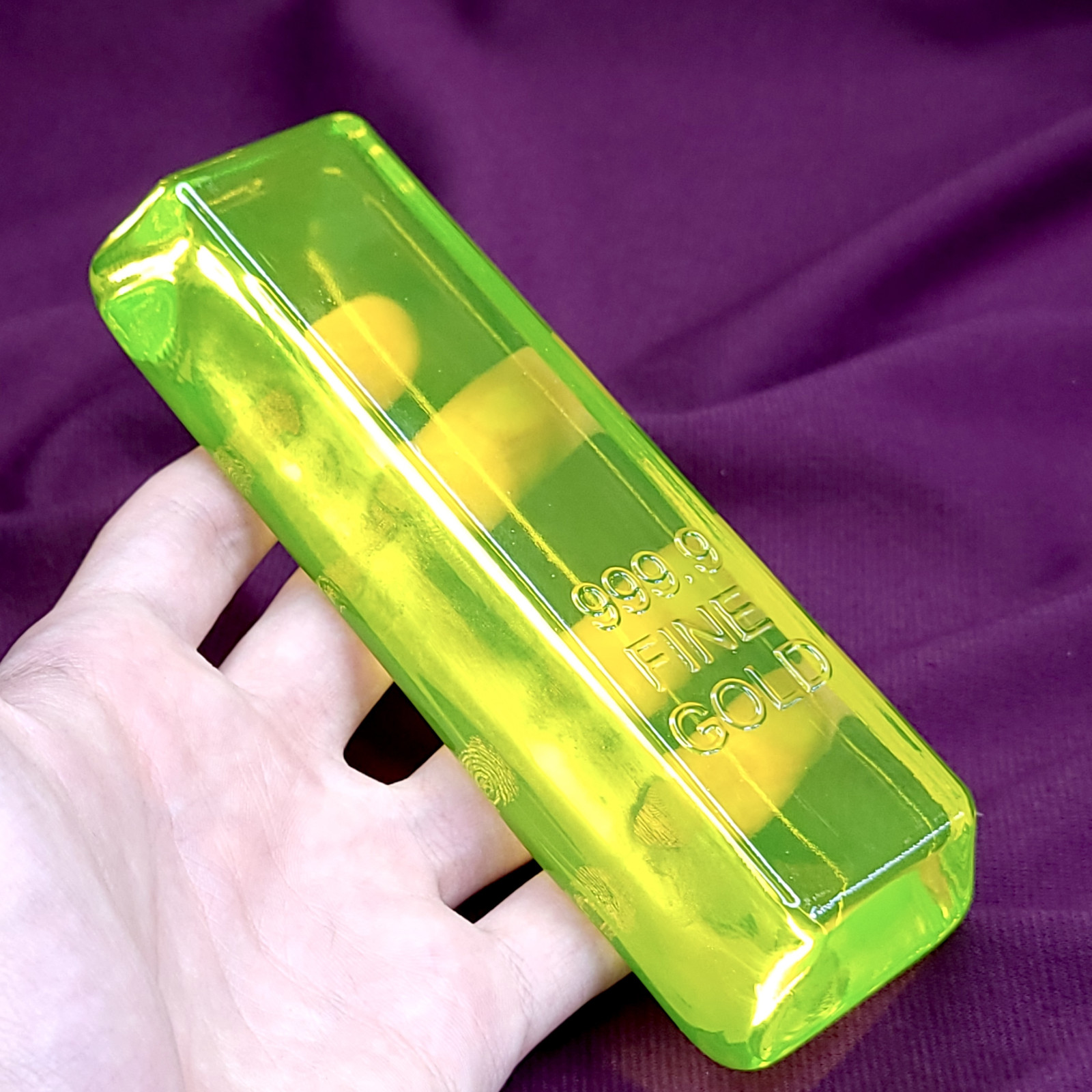 Vaseline Uranium Glass Figurine Ingot “Fine Gold 999.9” Uranium Yellow Glass