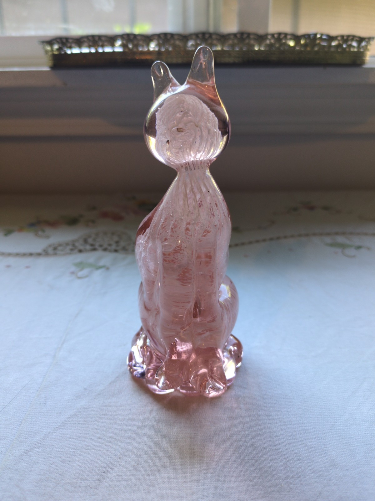 Vintage Murano Style Pink Cat Art Glass Paperweight/ Figurine 6″