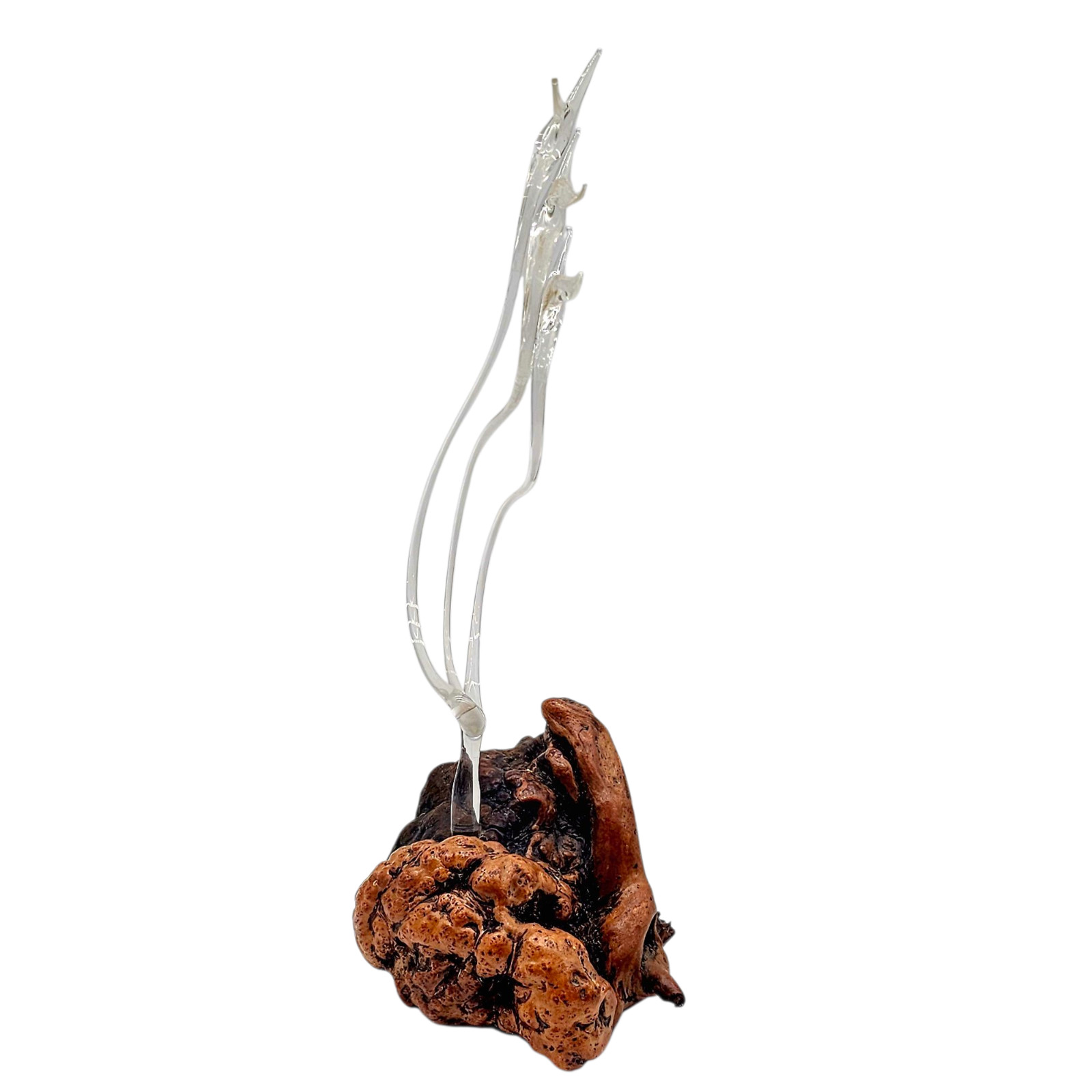1970’s Minimalist Lamp Work Cranes Bird Sculpture on Burl Wood Base 14.25”