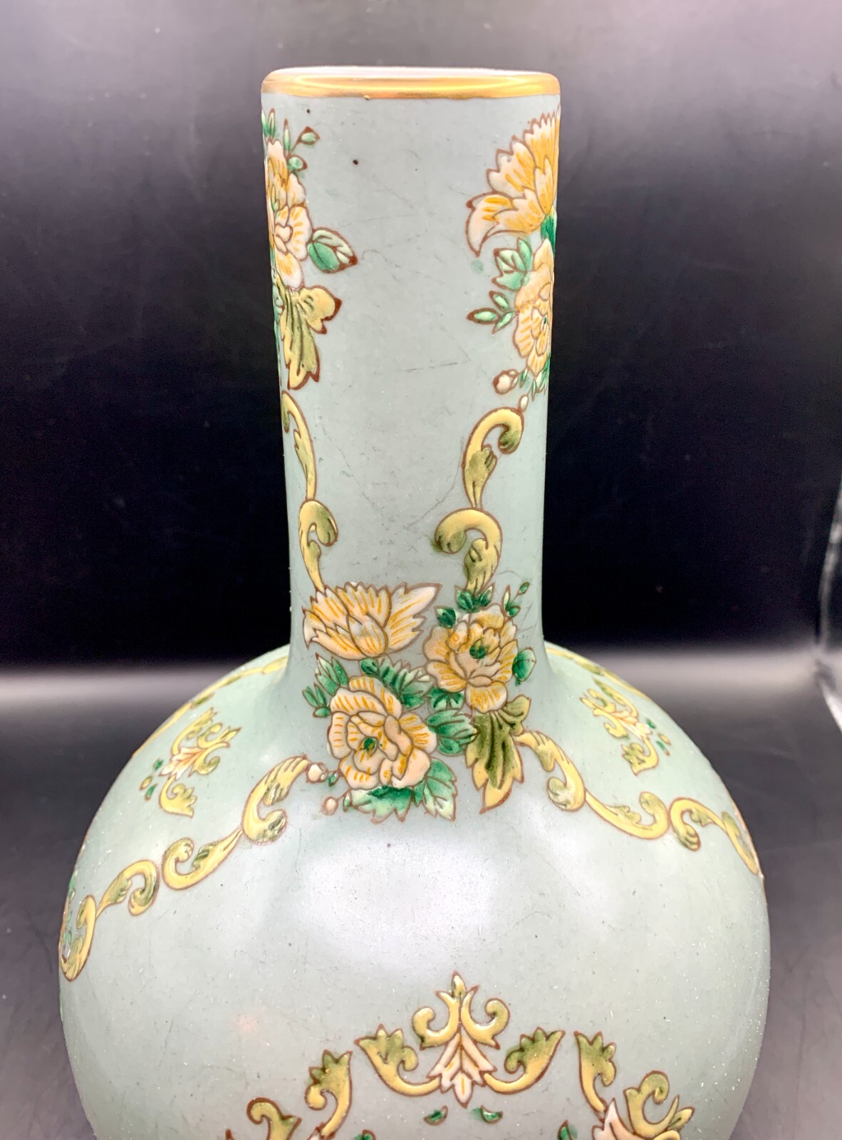 Porcelain Vase Celestial Sphere Hand Painted Celadon Chinese Vintage 10.25″ T