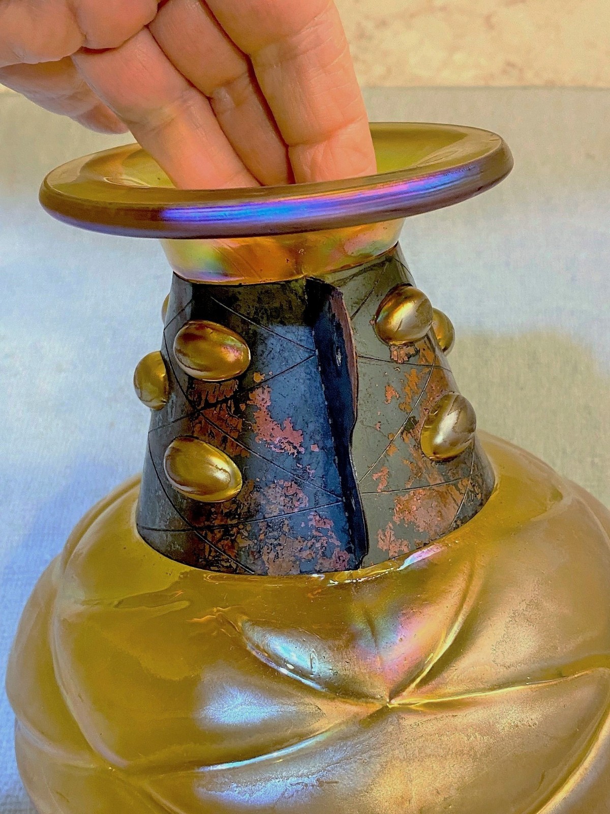 Silvestri Mouth Blown Iridescent Glass Vase Copper Cuff Brutalist Italian 7″
