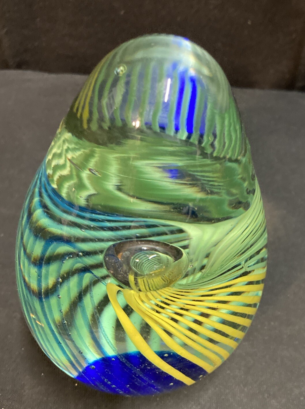 Hand Blown Glass Green Blue Yellow Striped Teardrop Paperweight 5.25”