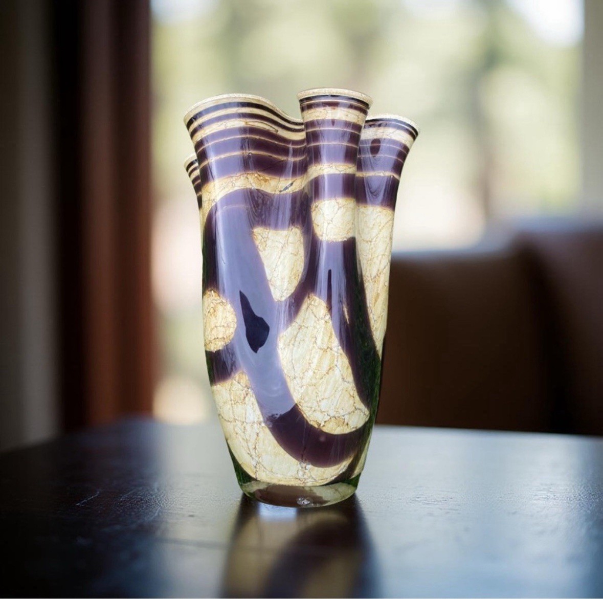 Krosno Jozefina Hand Blown Art Glass Handkerchief Vase Brown Ivory Poland 13.75