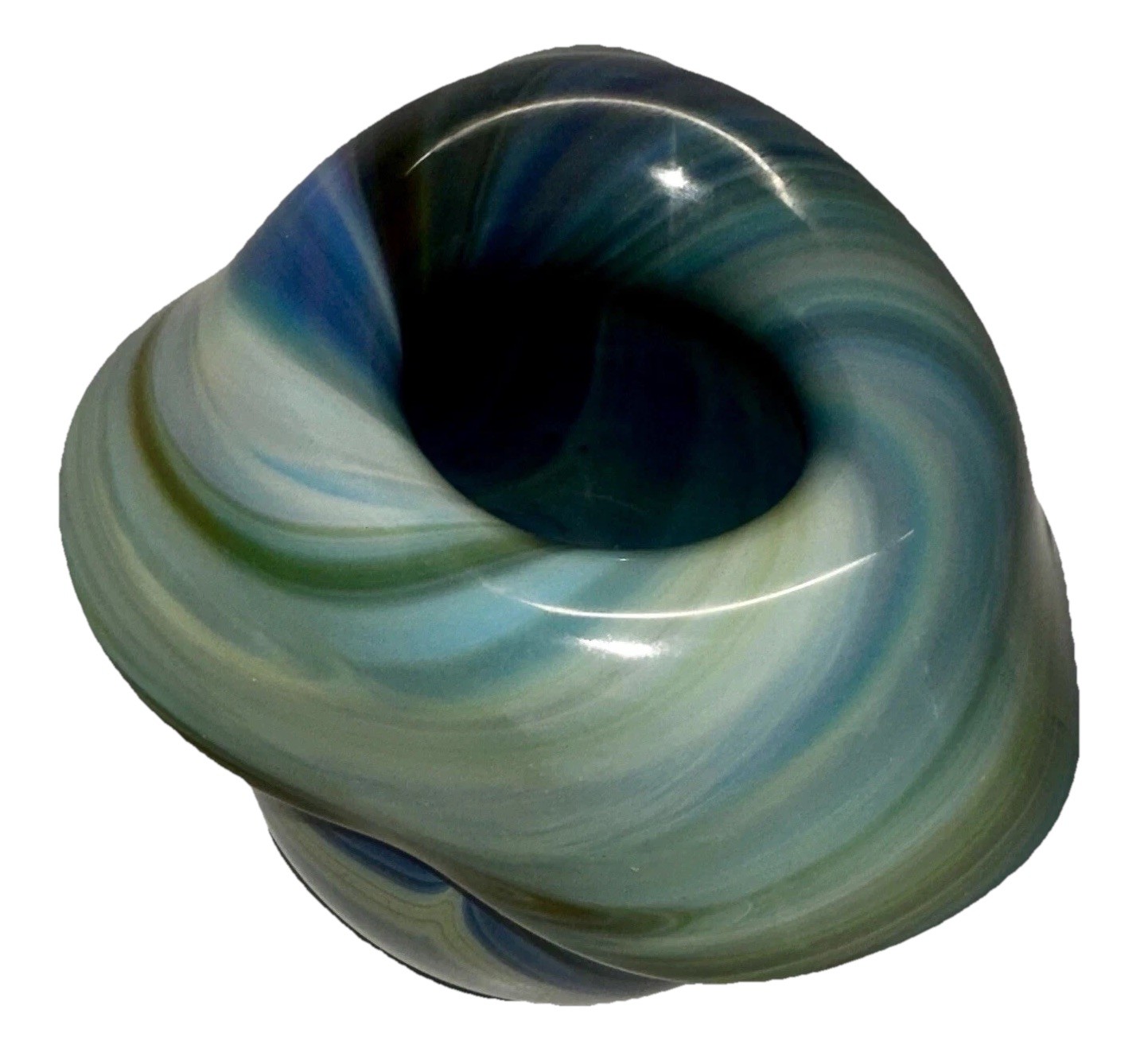 Vintage El Enany Egypt Art Glass Vase Hand Blown Blue Green Swirl Ruffled