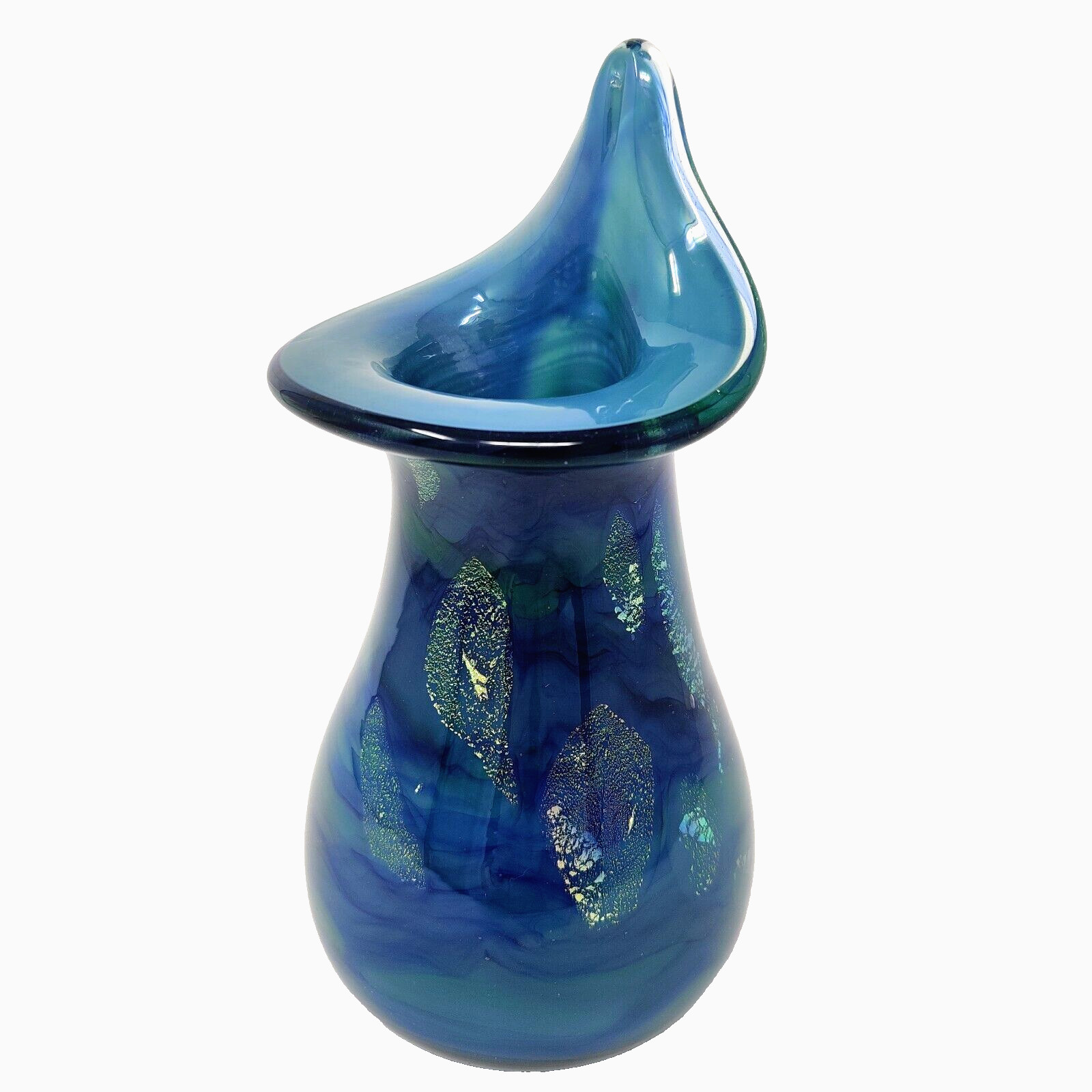 Vintage Studio Art Glass Vase Signed Blue Teal Swirl Gold Water Ocean Beachy