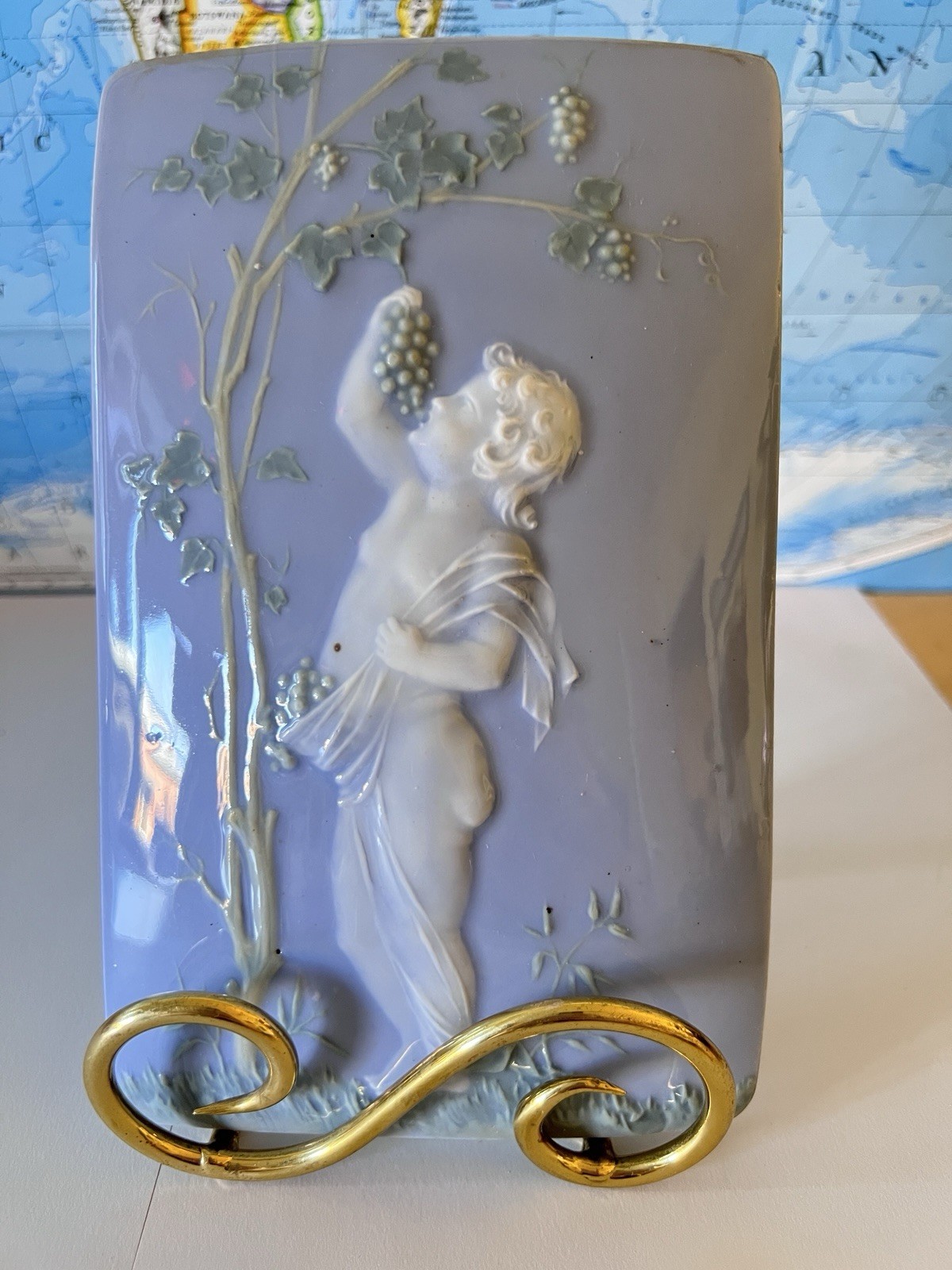 c. 1910 Early Vintage Cherub Gathering Grapes High Gloss Arched Decorative Tile