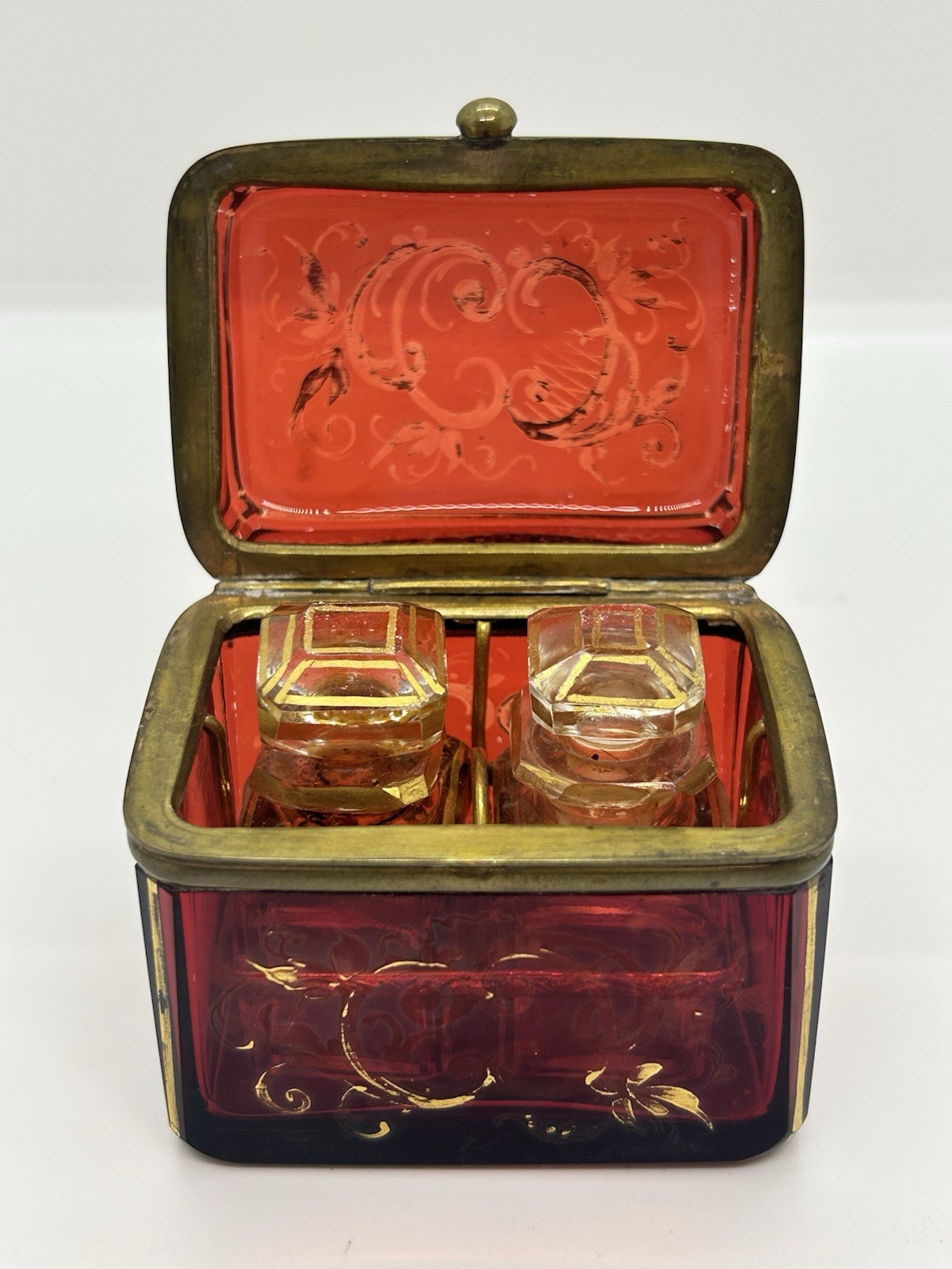 Antique 19th Century Glass Cranberry/Ruby Perfume Casket Box W/2 Glass Bottles