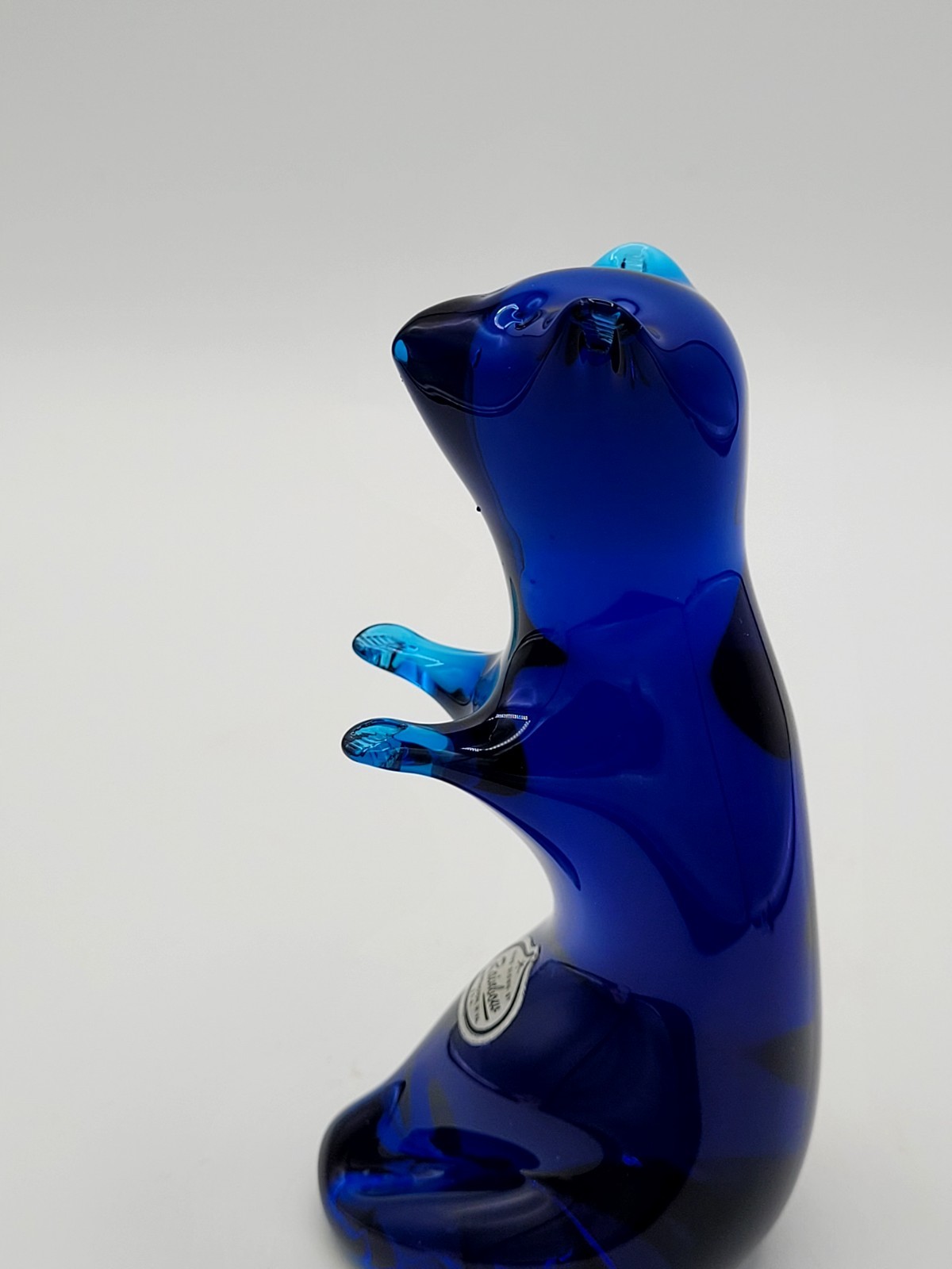 Rainbow Art Glass Blue Bluenique Glass Bear Figurine Paperweight Label Mint