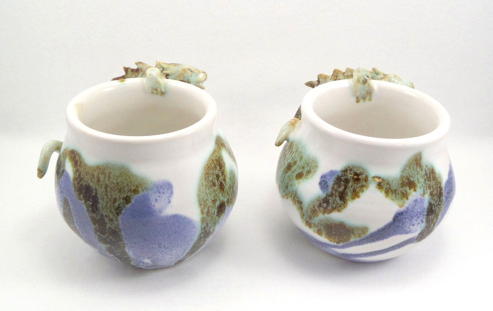 2 VTG Art Pottery Bowls with 3D Dragon Lizards Applied Drip Glaze Signed LK 99