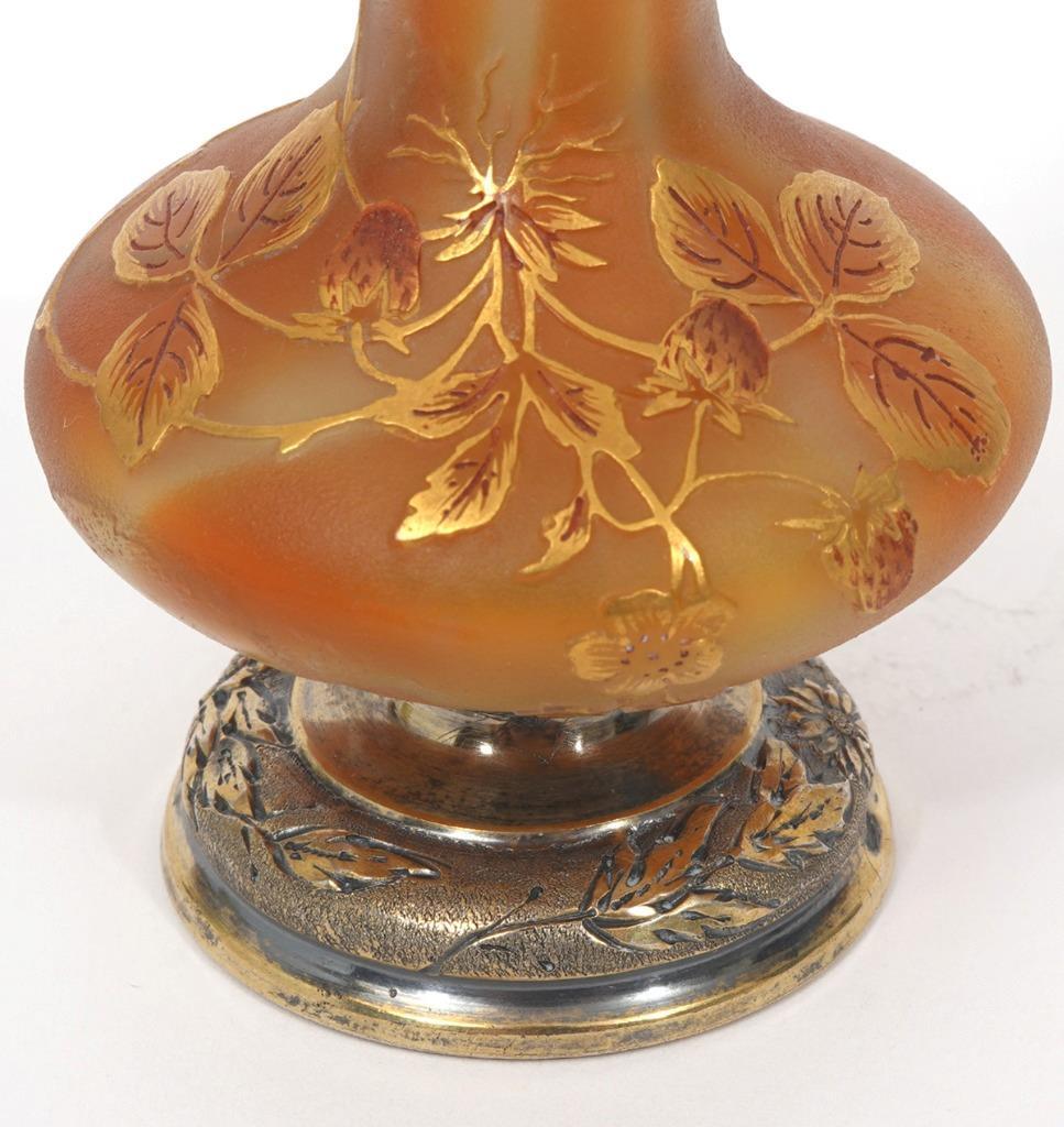 Art Glass Art Nouveau Strawberry Gold Bud Vase w/ Silver Base, 4 1/4″