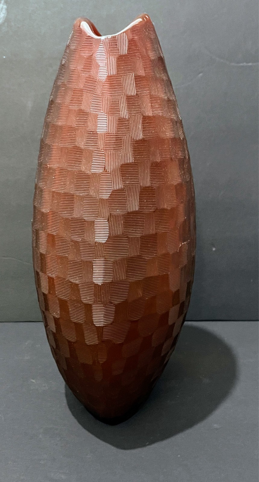 Contemporary Amber Art Glass Textured Basketweave Checkerboard 11″ Vase India