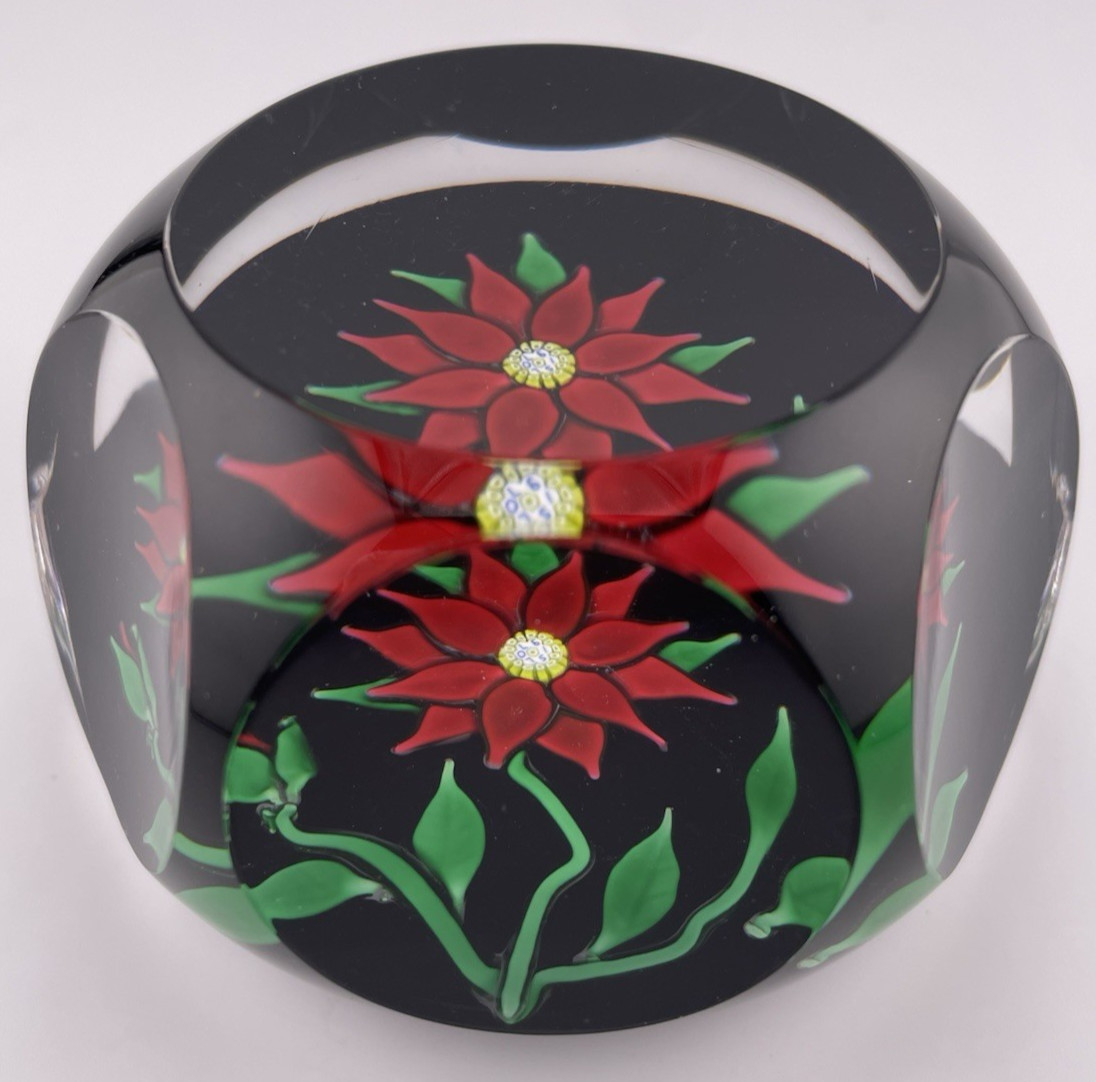 1970 Faceted Saint Louis Red Double Clematis on Dark Blue – Selman Sticker 3.4″