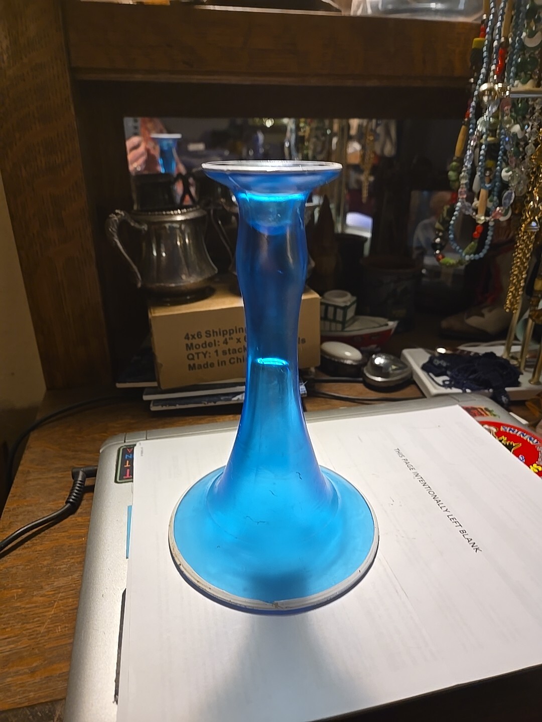 Dugan ” Mae West ” Blue Stretch Glass Candle Stick Holder Roaring 20’s