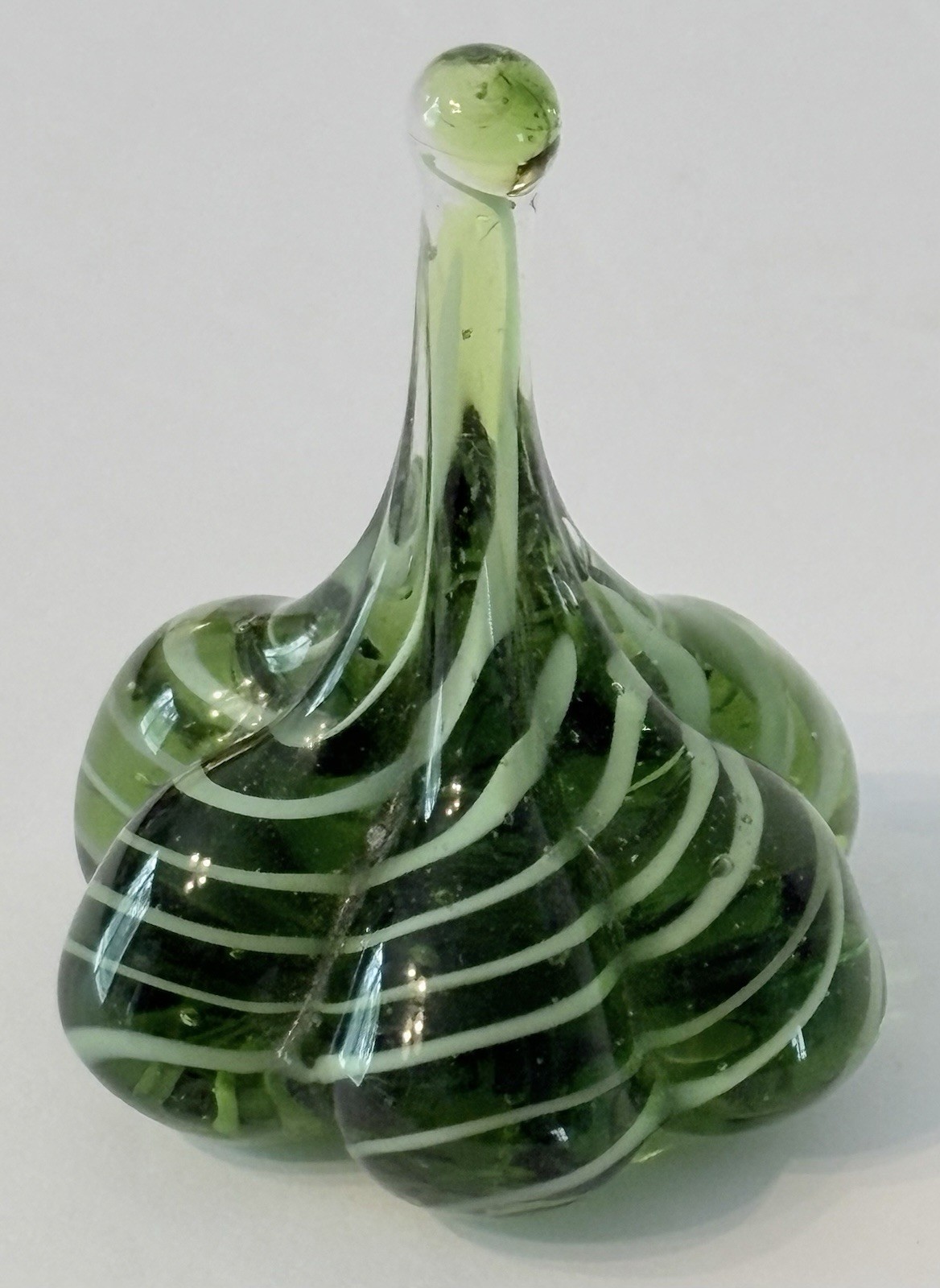 Teardrop Hand Blown Art Glass Sculpture White Green Swirl 2.5″ Tall