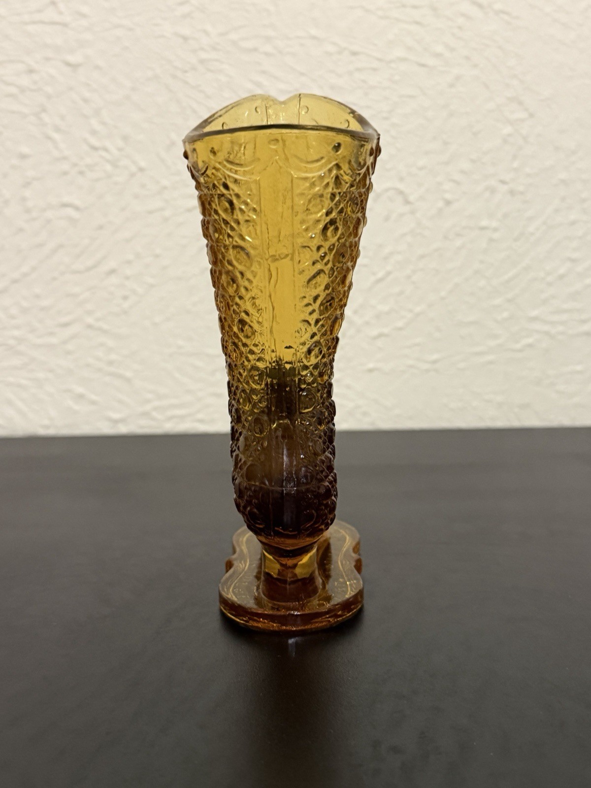 Vintage Fenton Amber Glass Boot Bouquet Flower Holder Daisy Button Design