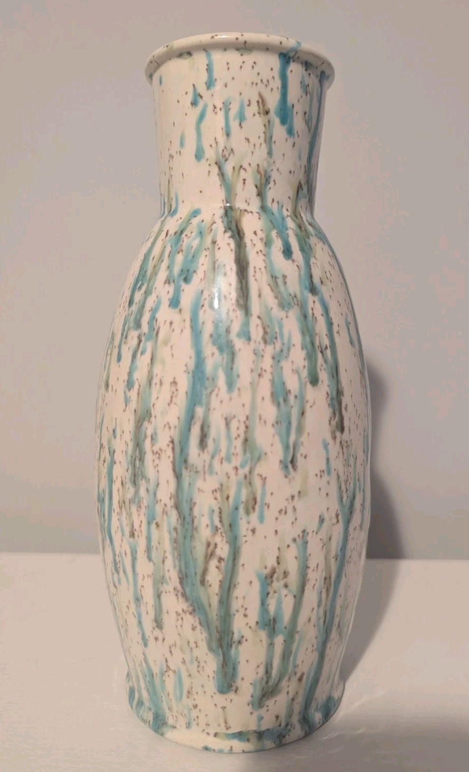 Glossy Handmade Ceramic Vase Cream colored with Brown speckles Blue and Green