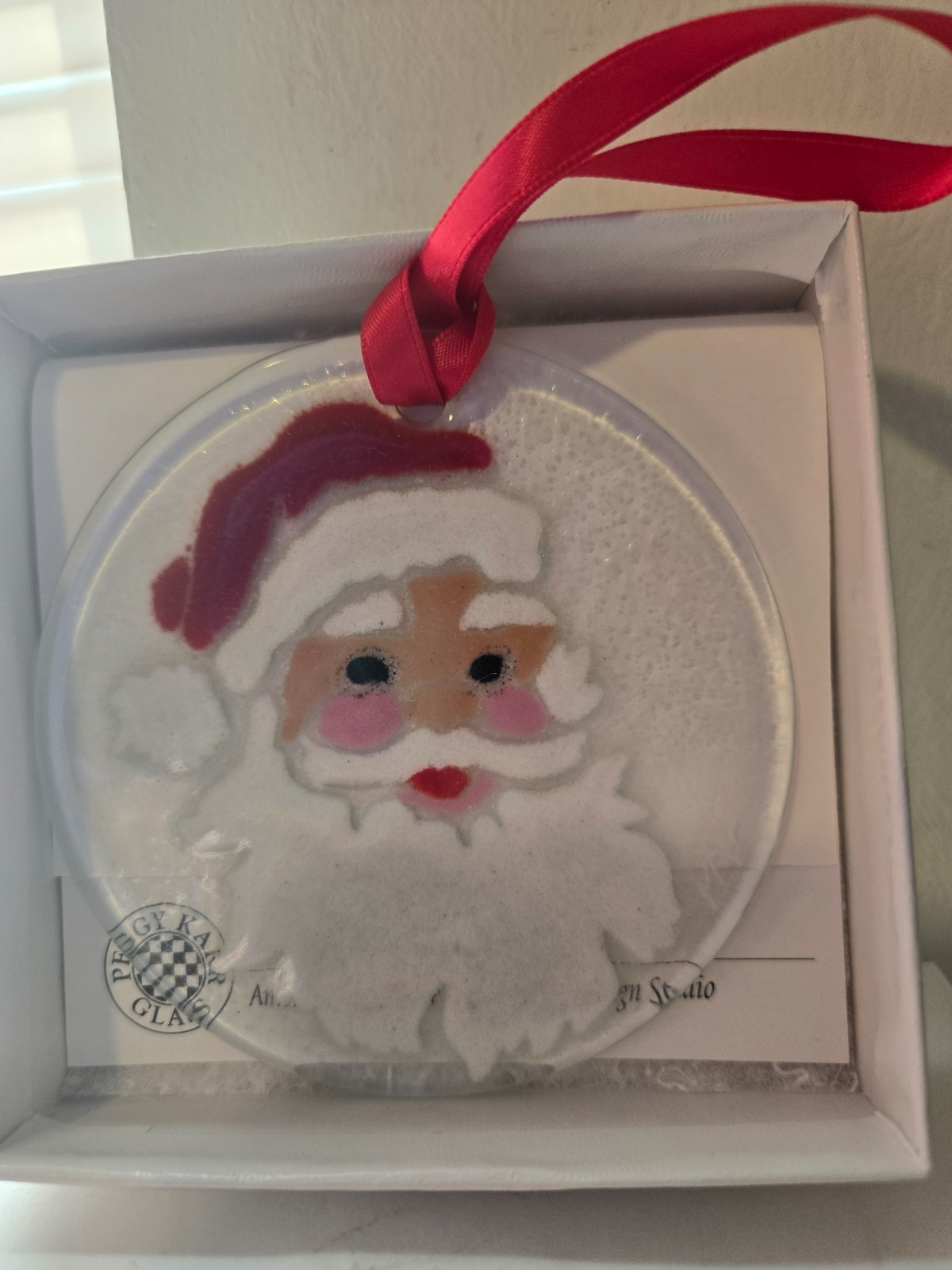 PEGGY KARR FUSED GLASS SANTA 3″ ORNAMENT SIGNED