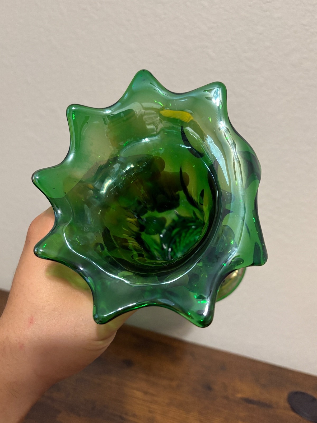 PAIR Of ANTIQUE FENTON Green Iridescent LONG THUMBPRINT Carnival Glass Vases