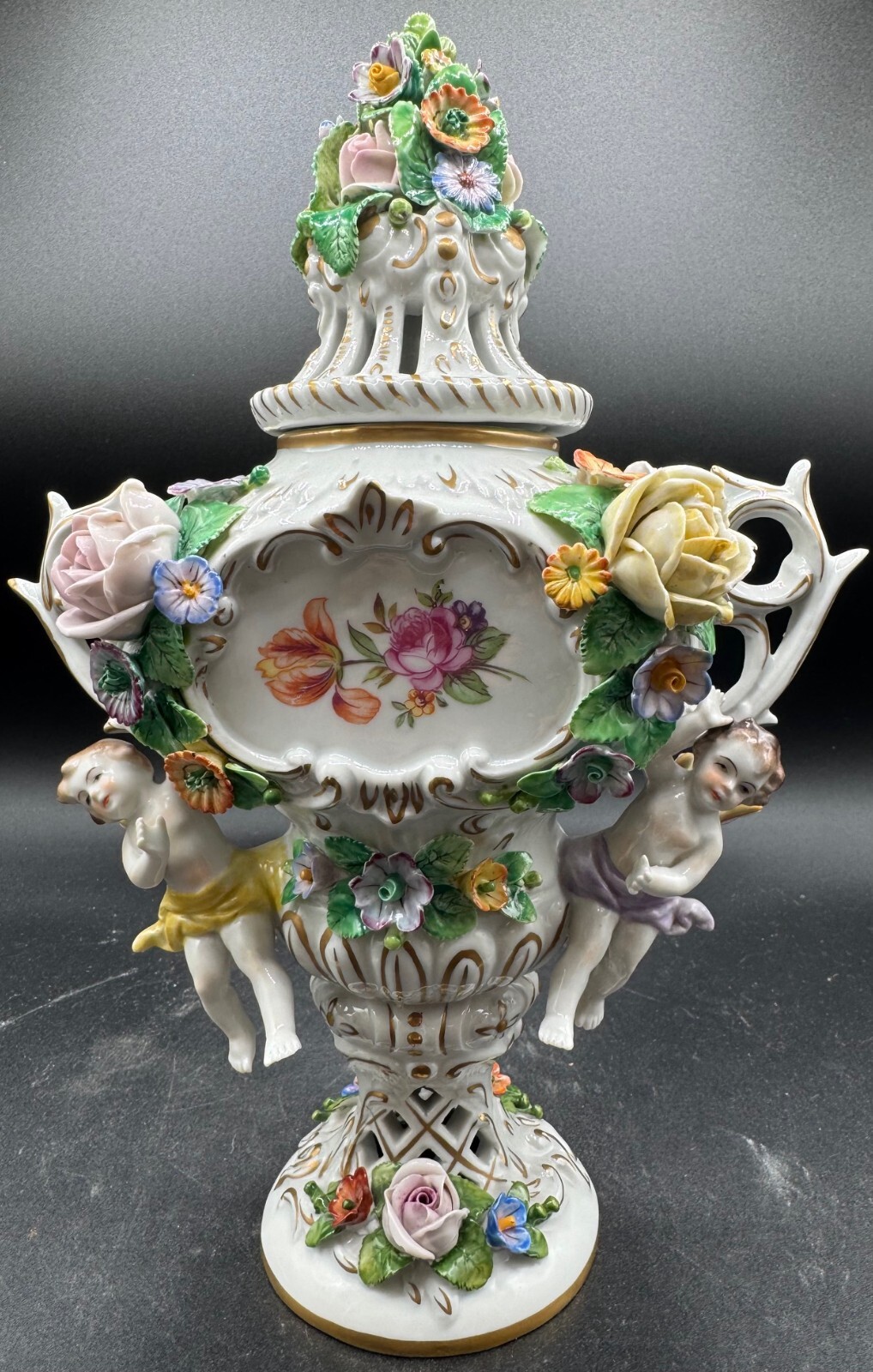 Antique Dresden Floral Cherub Handpainted Jar w/Lid 11.75″Hx8″Wx5″D