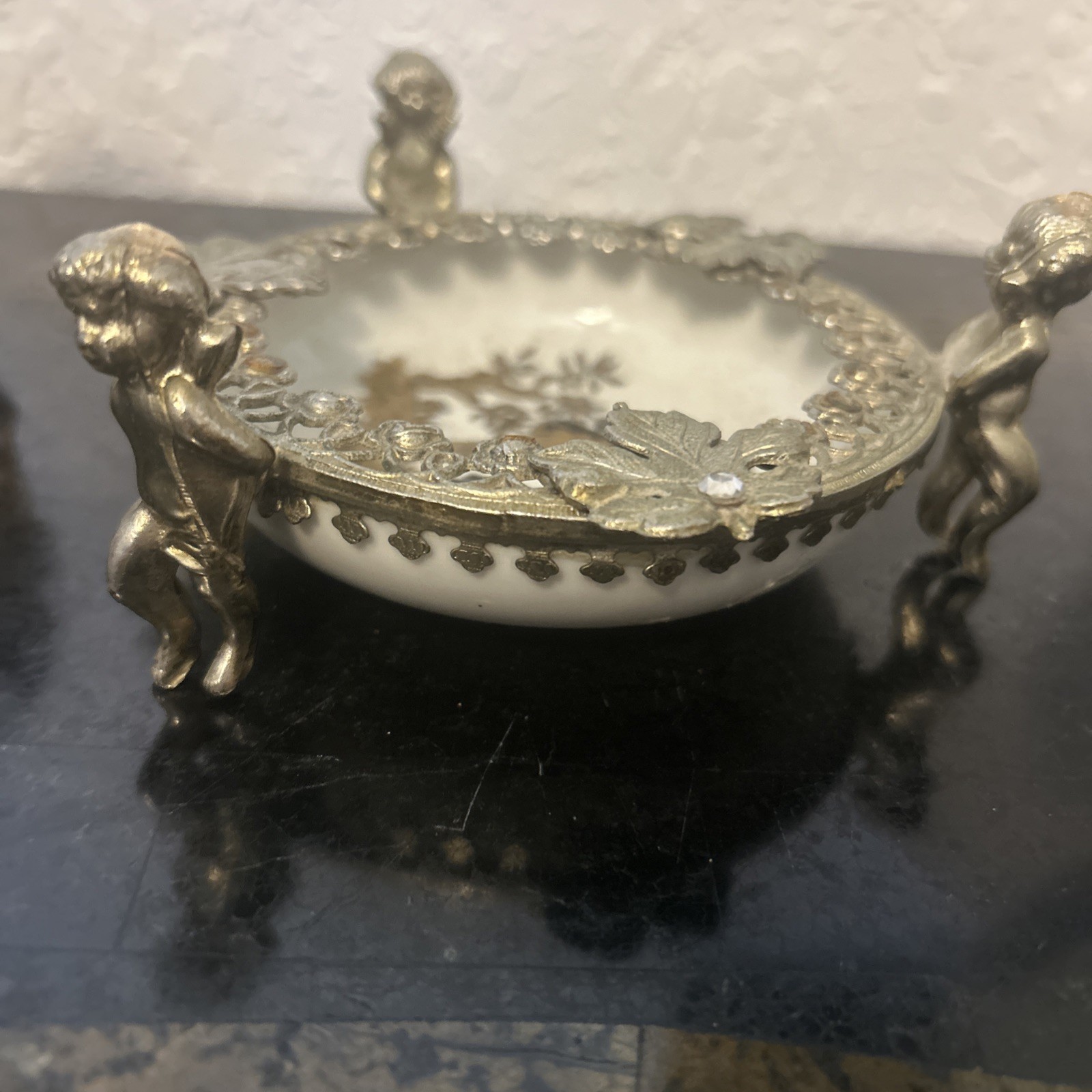 Antique Porcelain Germany Kalk Crossed Arrows Mark Bronze cup & Ashtray Cupids