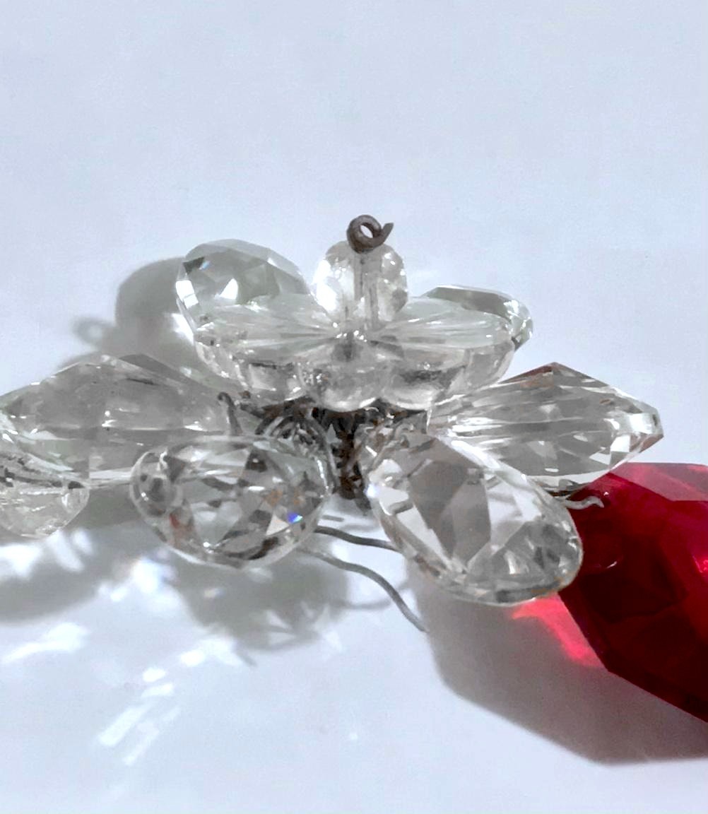 Antique French Baccarat Red Flower Rosette Pendant Teardrop Chandelier Crystal P