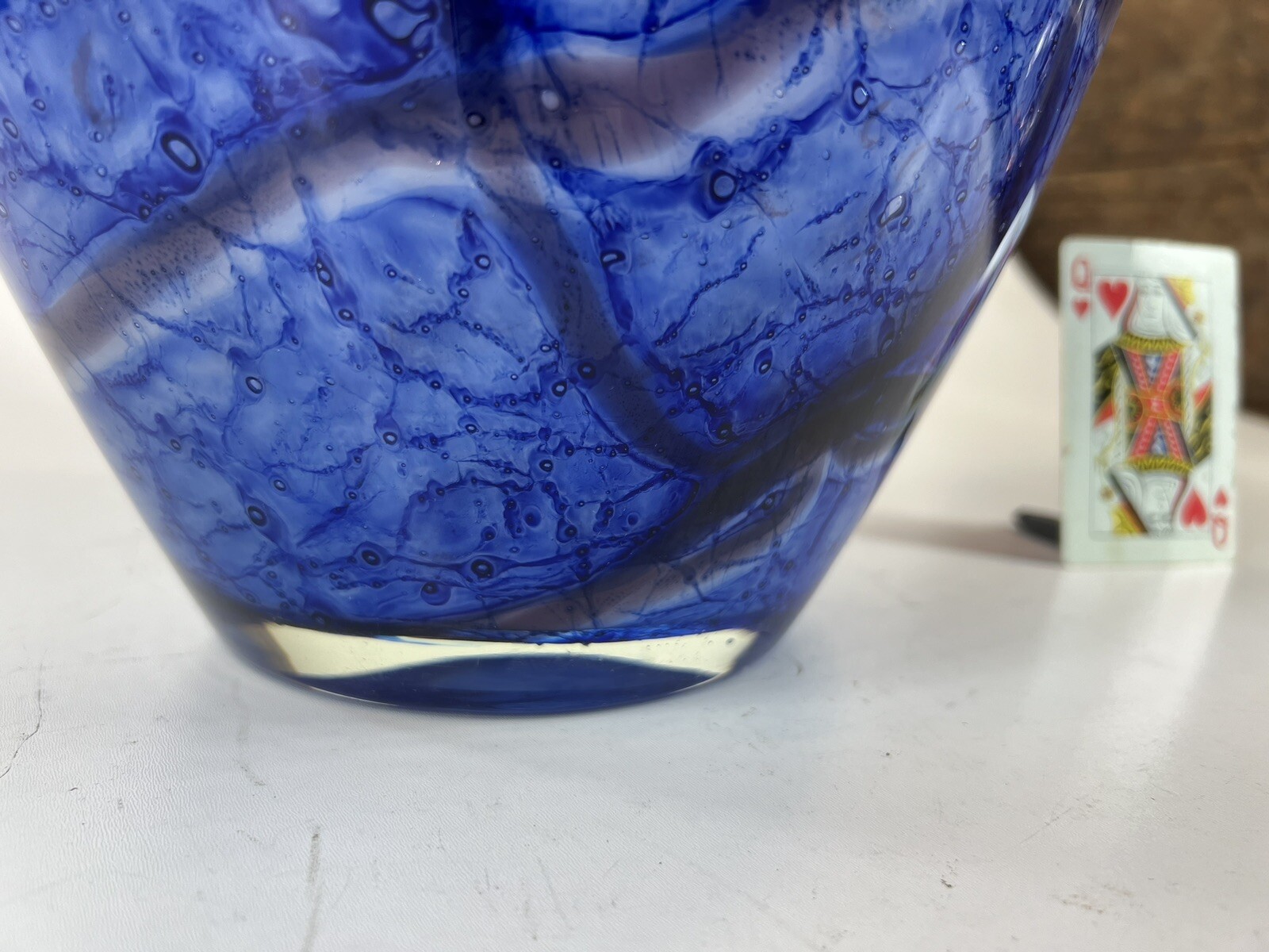 Large Vase Blue Mouth Blown Art Glass Sea Scape Gold Dust vintage 12.5″