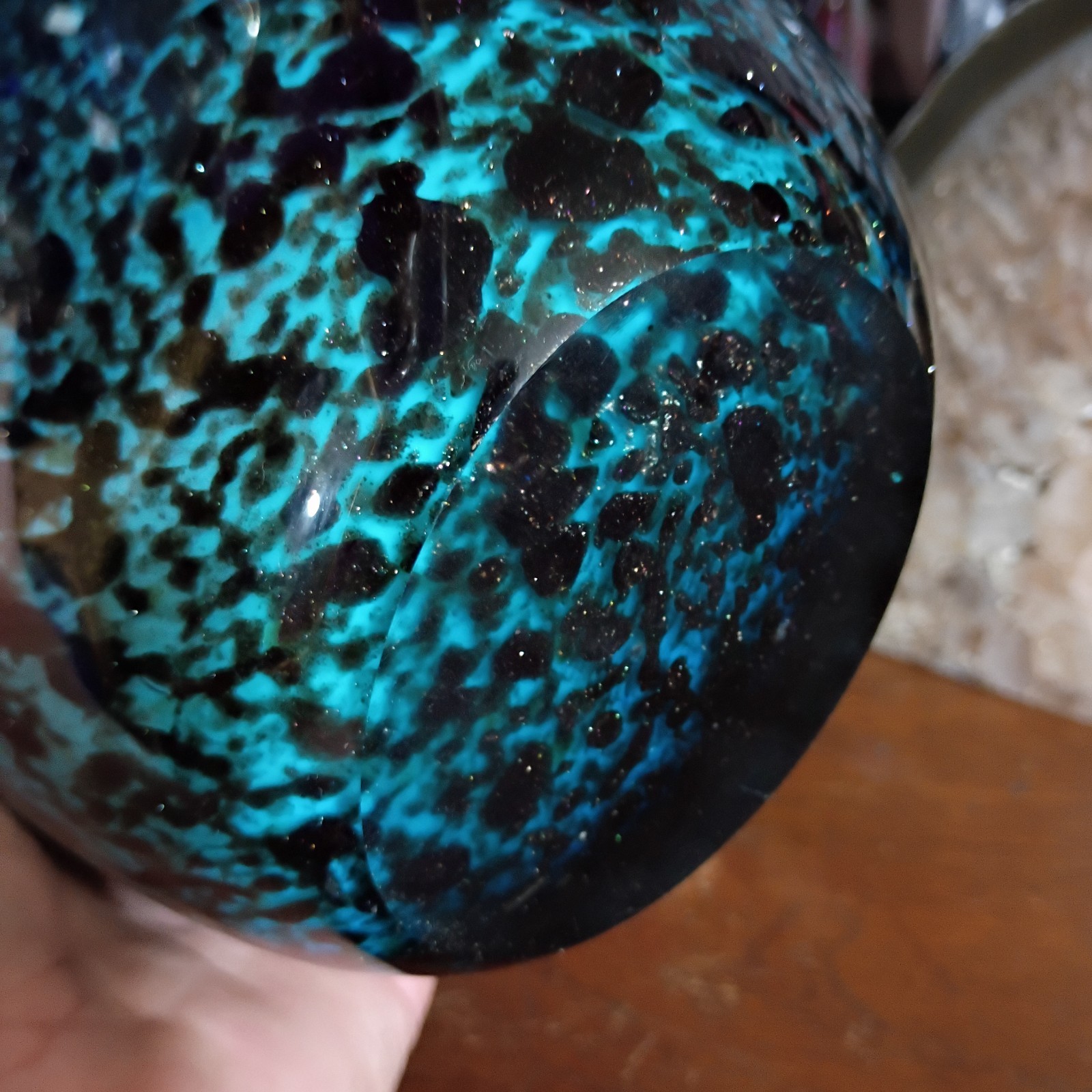 Sparkly 10.5 In Chinese Blown Cased Glass Vase Black Blue Gold Copper? Flakes 6#