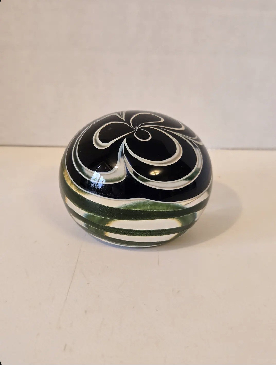 John Lotton Art Glass Paperweight Green Black White Signed