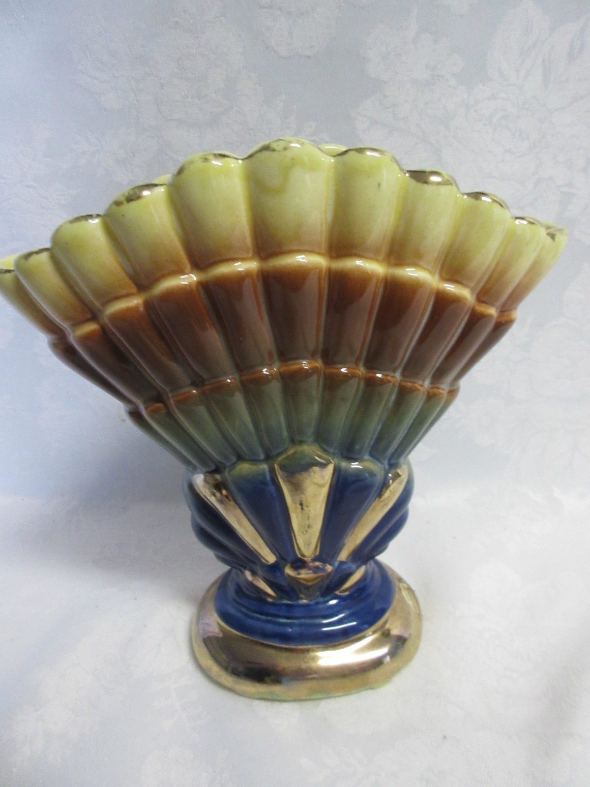 Multicolor Scallop Edge Fan Vase in Yellow, Brown, Green & Blue, AS IS, 8″ Tall