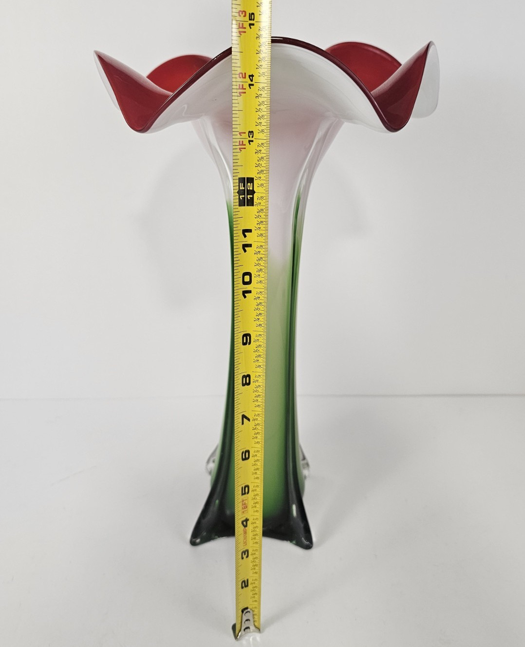 Vintage Hand Blown Tulip Vase Cased Art Deco Glass Trumpet Red White Green 14.5″
