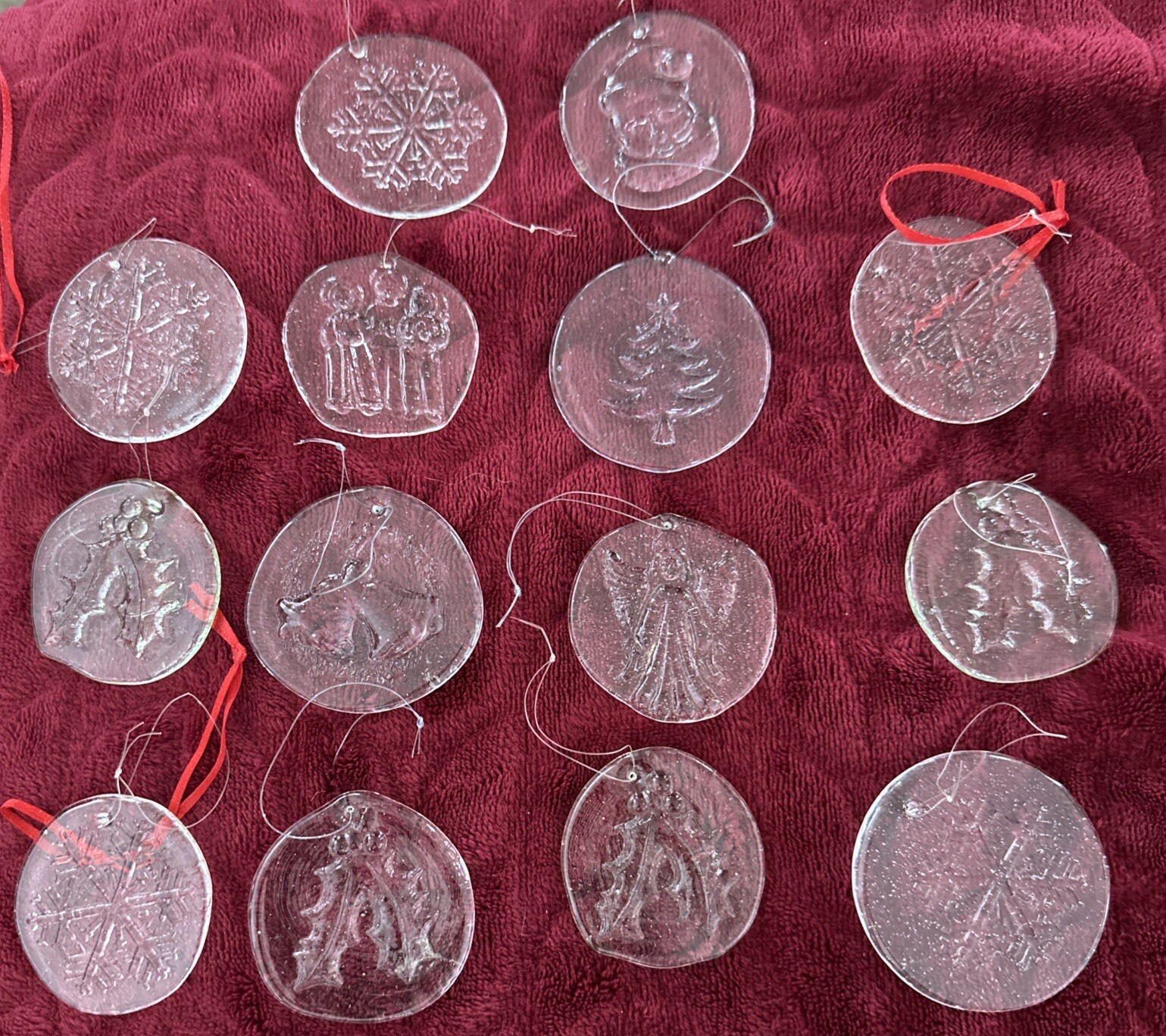 14 Glass Disc Sand Dollar Holly Snowflake Bell Tree Santa Christmas Ornaments