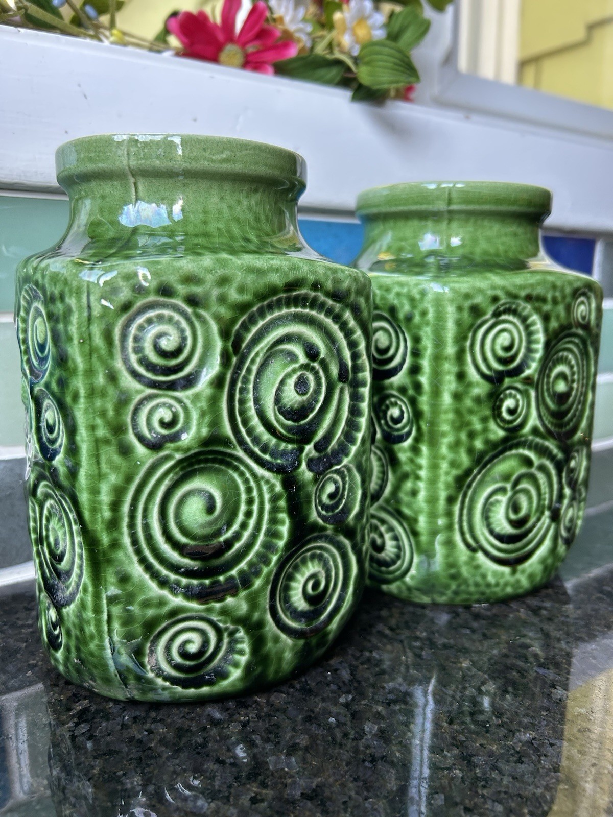 Vtg Scheurich Jura Vase Set 2 Green W Germany Art Pottery 1970’s Excellent