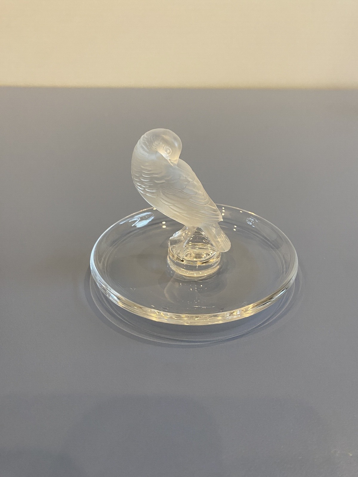 LALIQUE France Frosted Crystal Turtle Dove Bird Ring Holder Dish SIGNED 3″H