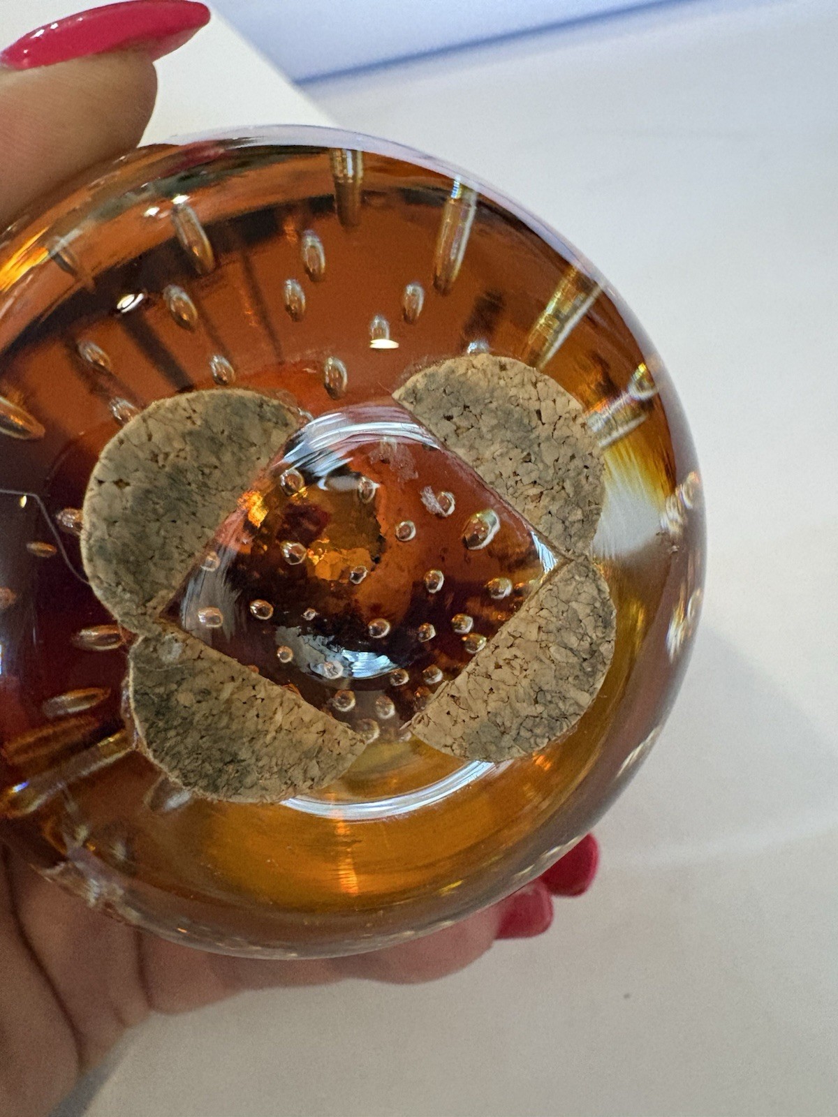 Vintage Rainbow Glass Art Amberina Apple Paperweight 3.25” Bubbles Viking W.V.